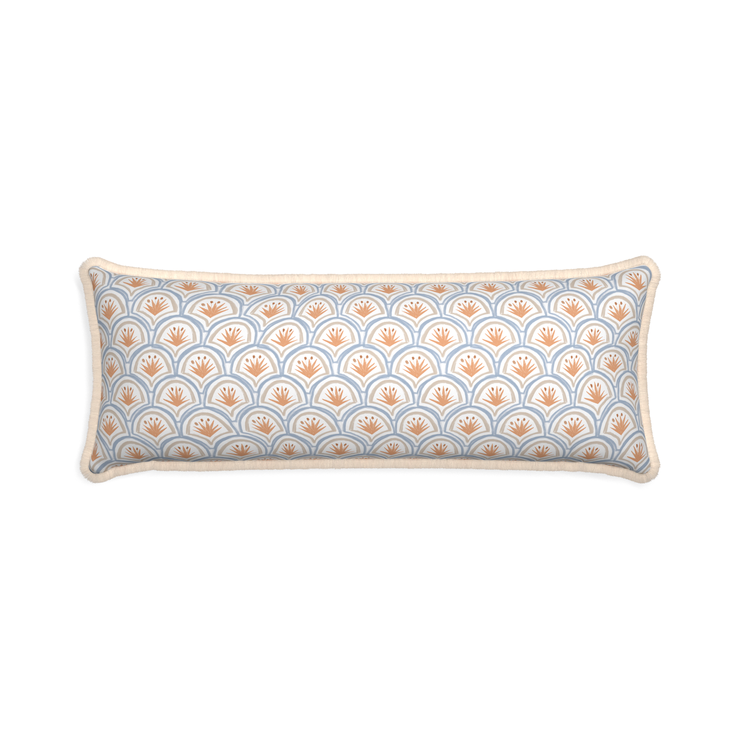 Xl-lumbar thatcher apricot custom pillow with cream fringe on white background