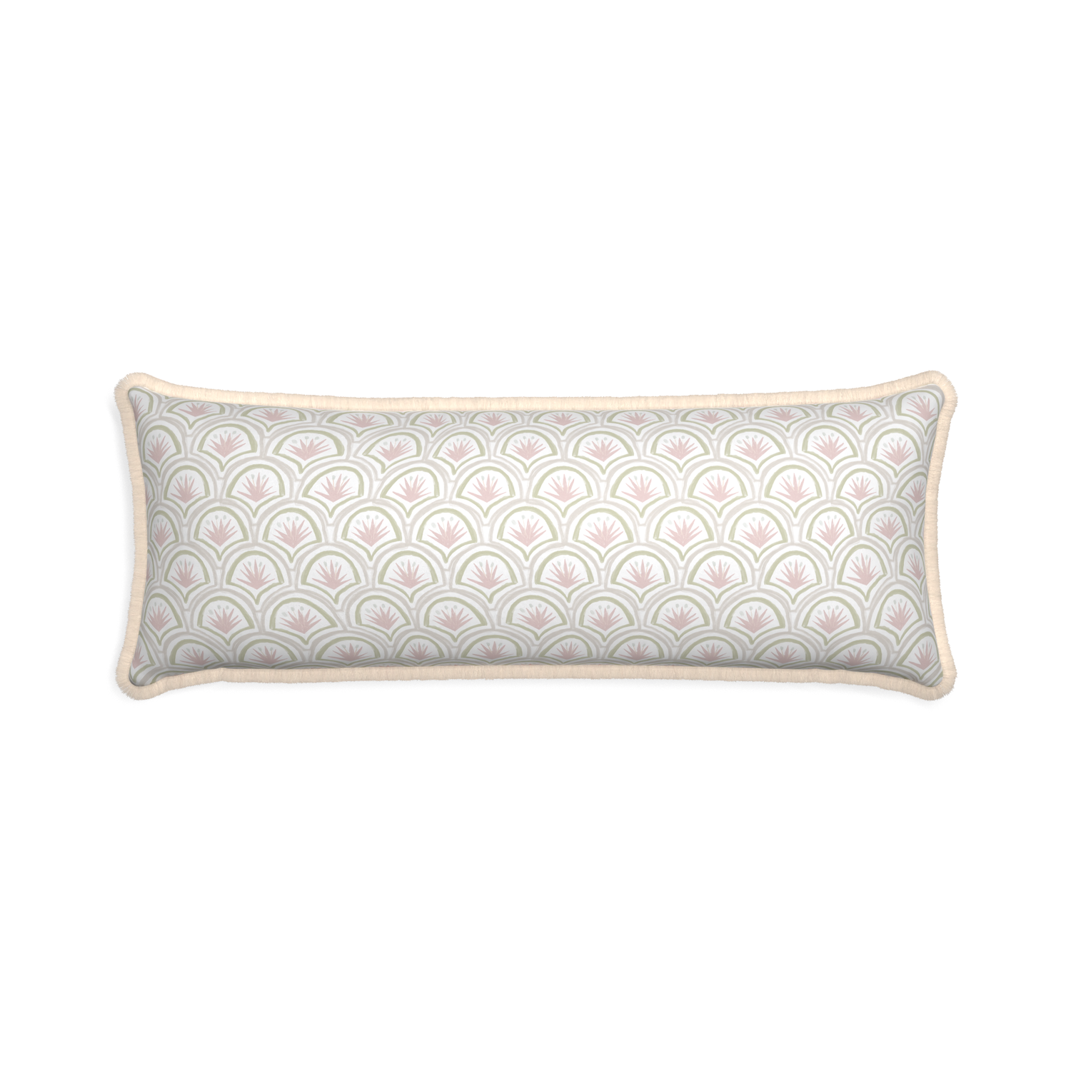 Xl-lumbar thatcher rose custom pillow with cream fringe on white background