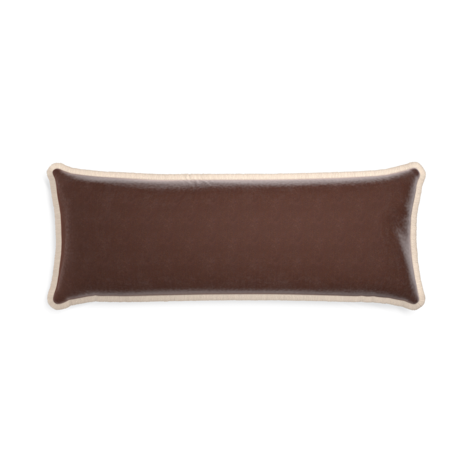 Xl-lumbar walnut velvet custom pillow with cream fringe on white background