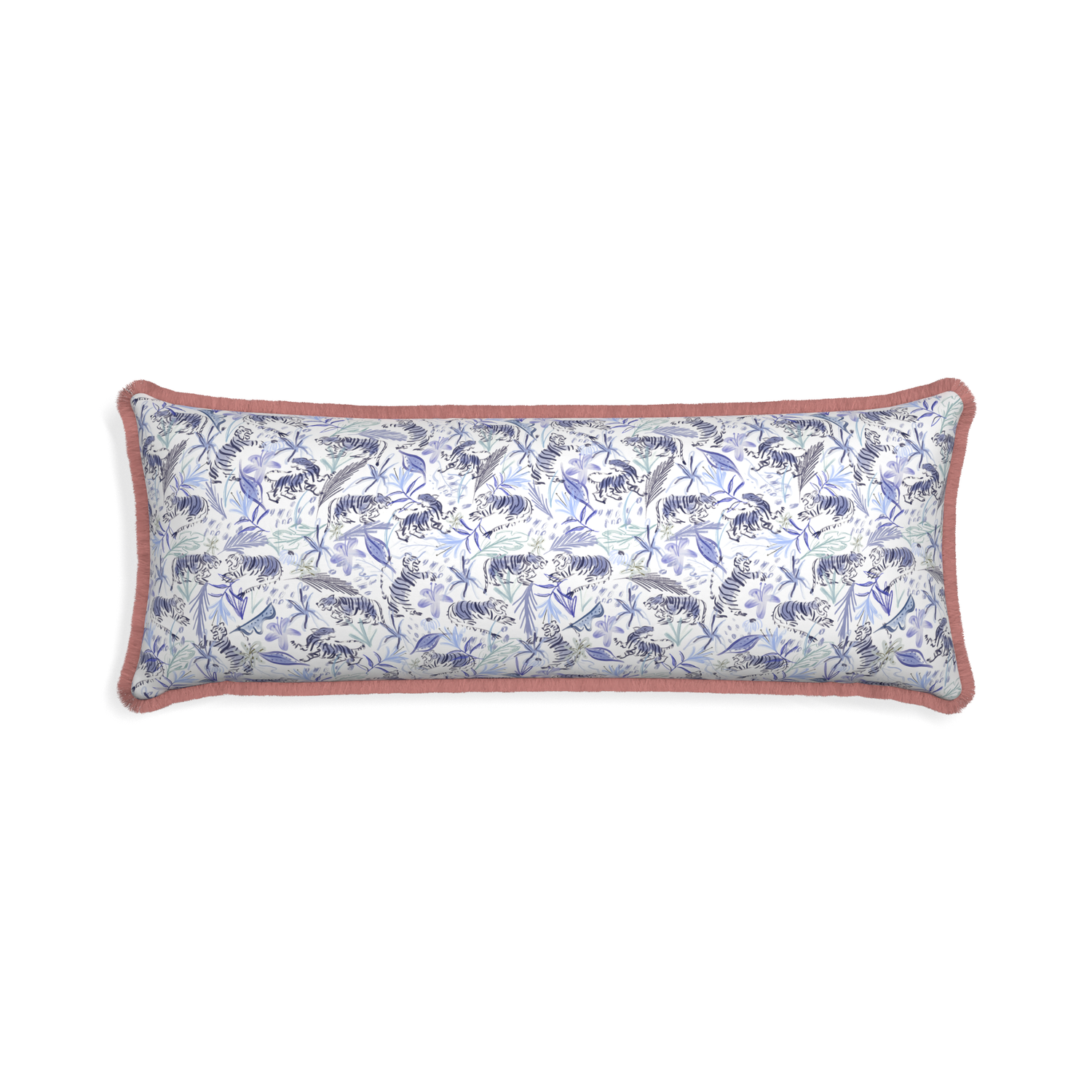 Xl-lumbar frida blue custom blue with intricate tiger designpillow with d fringe on white background