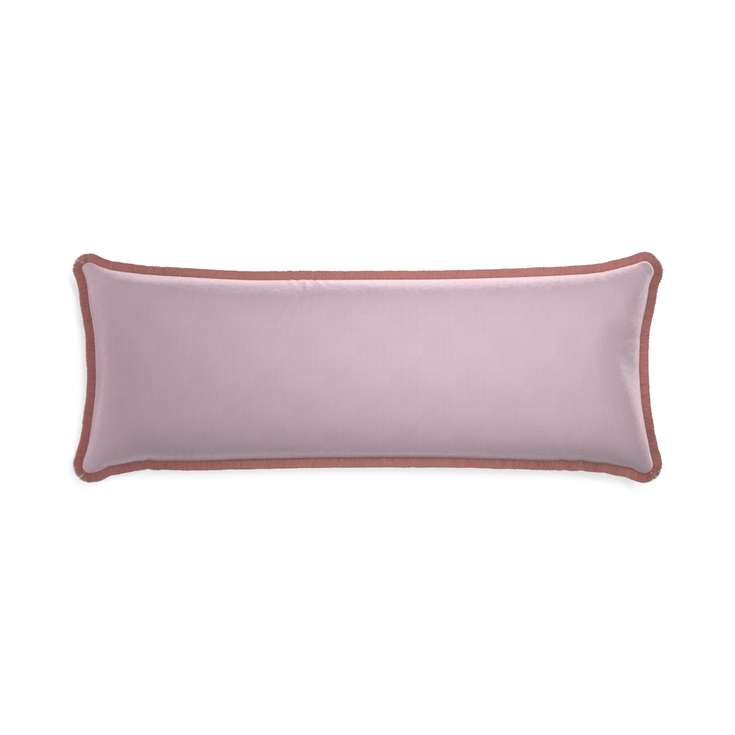 Xl-lumbar lilac velvet custom pillow with d fringe on white background