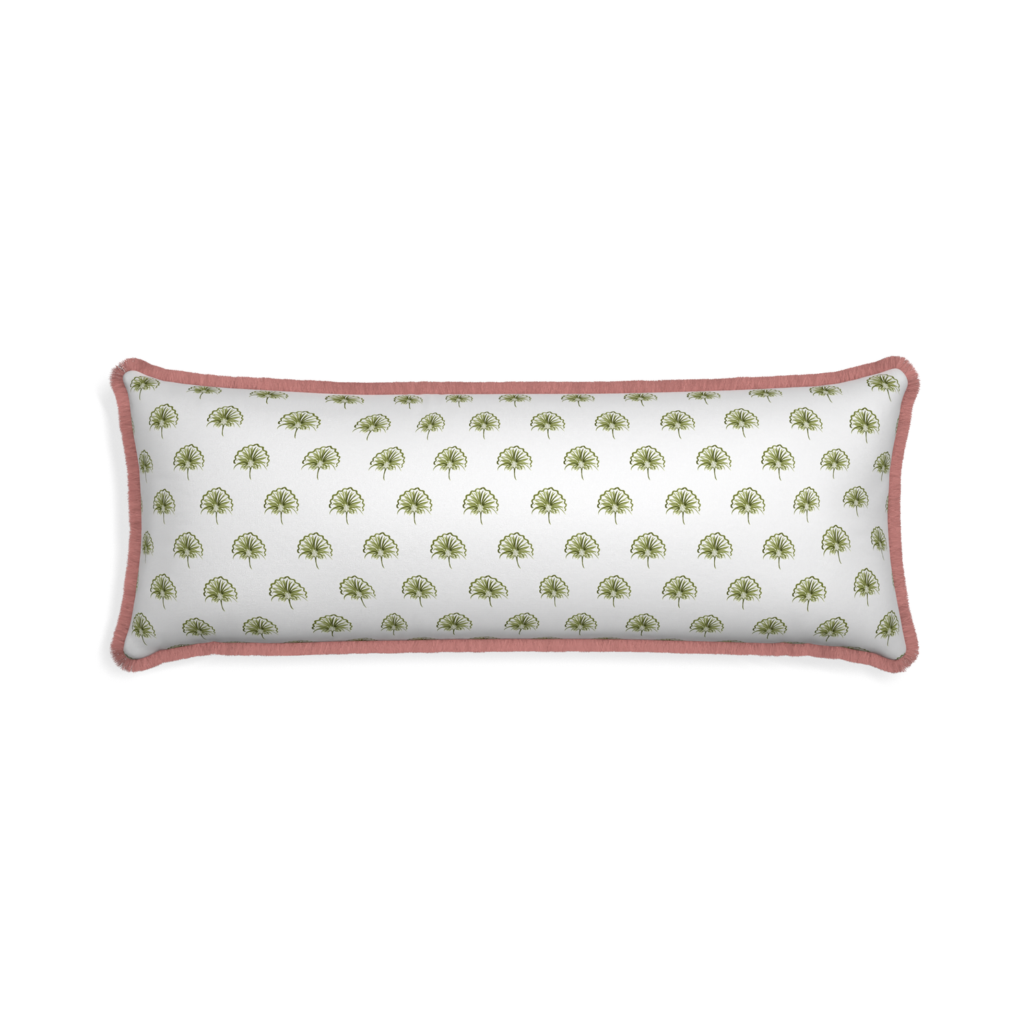 Xl-lumbar penelope moss custom green floralpillow with d fringe on white background