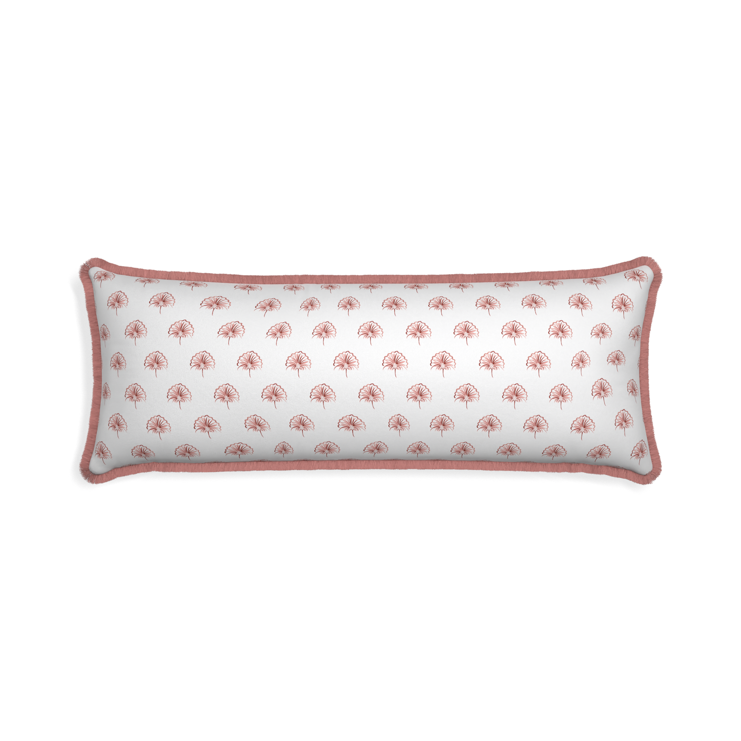 Xl-lumbar penelope rose custom floral pinkpillow with d fringe on white background