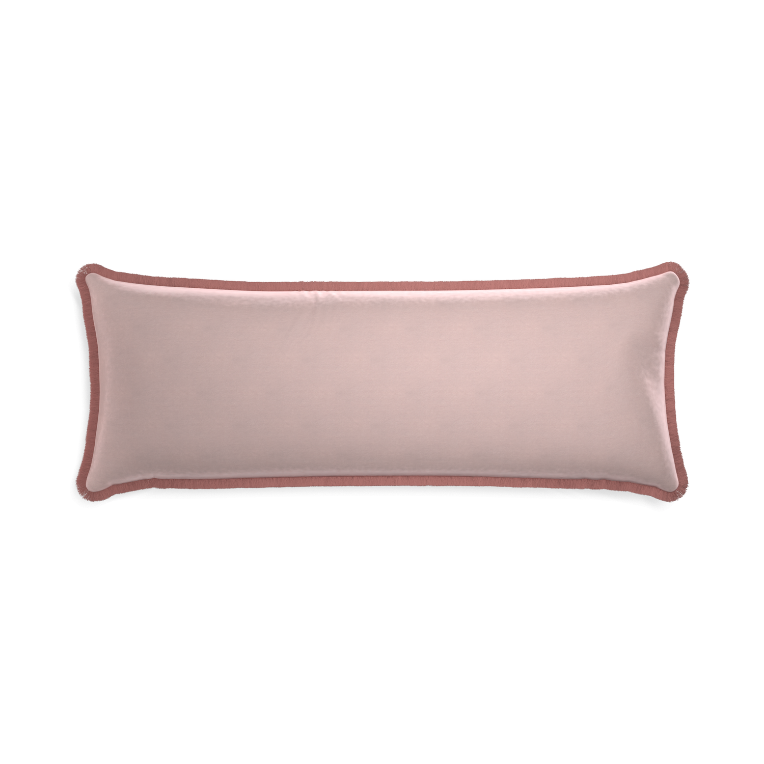 rectangle light pink velvet pillow with dusty rose fringe 