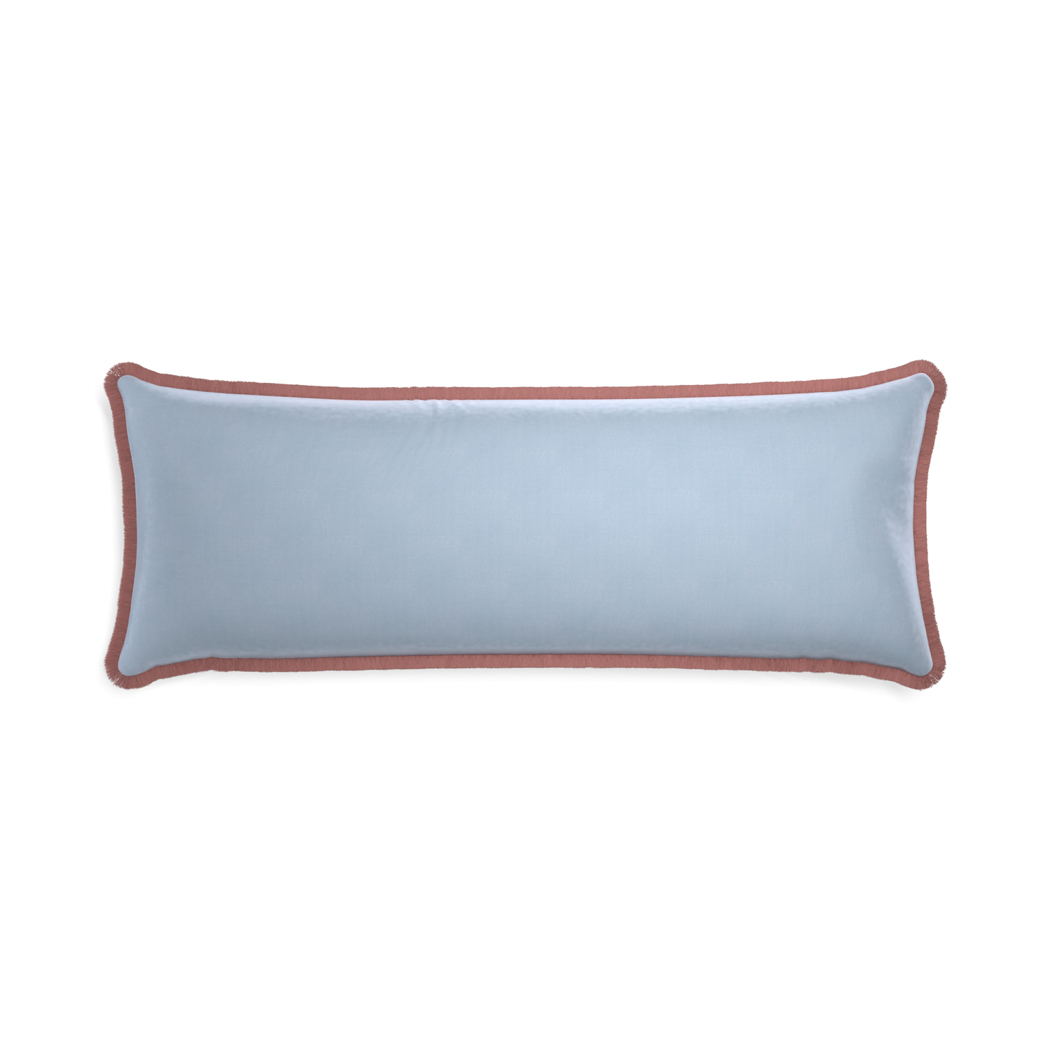 rectangle light blue velvet pillow with dusty rose fringe