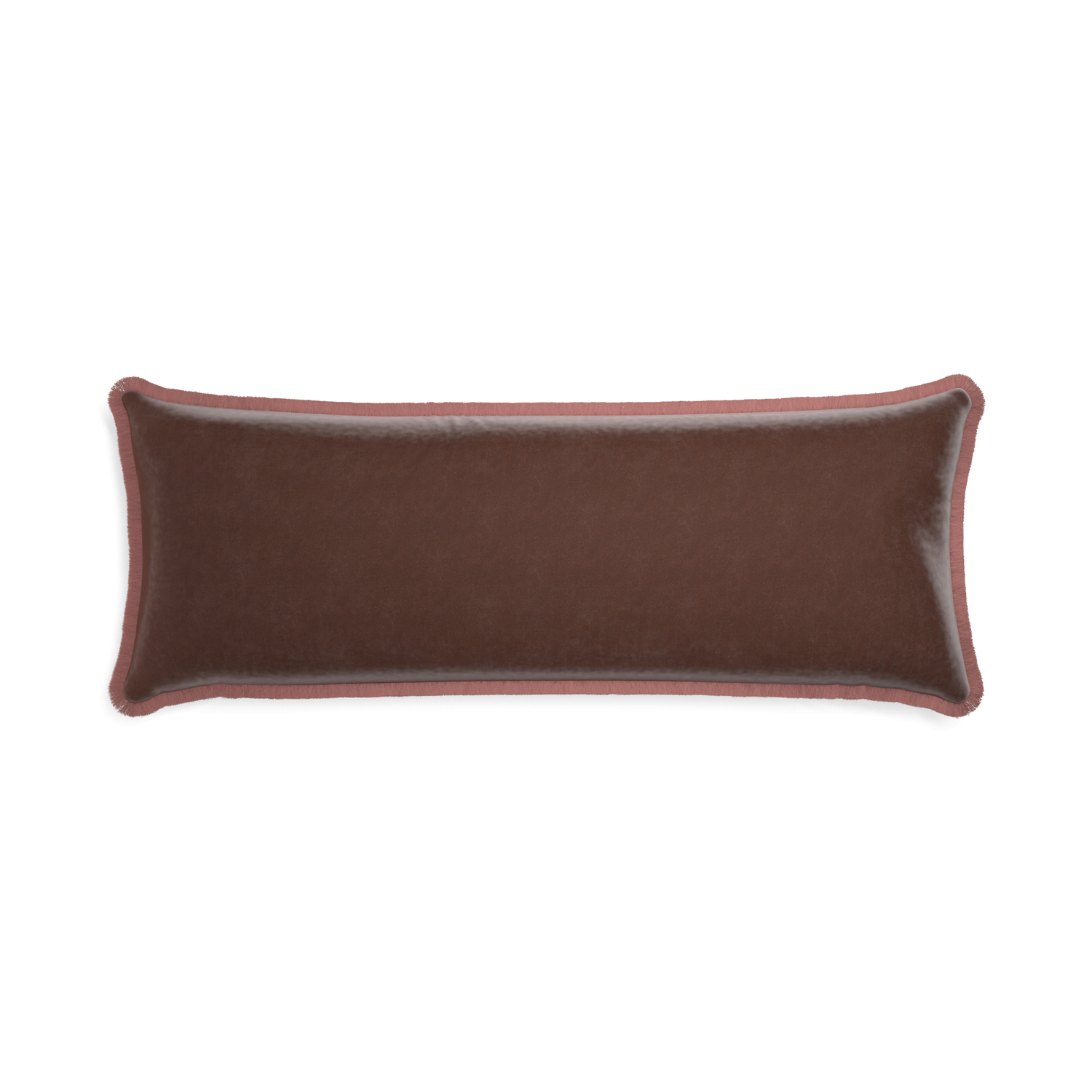 rectangle brown velvet pillow with dusty rose fringe
