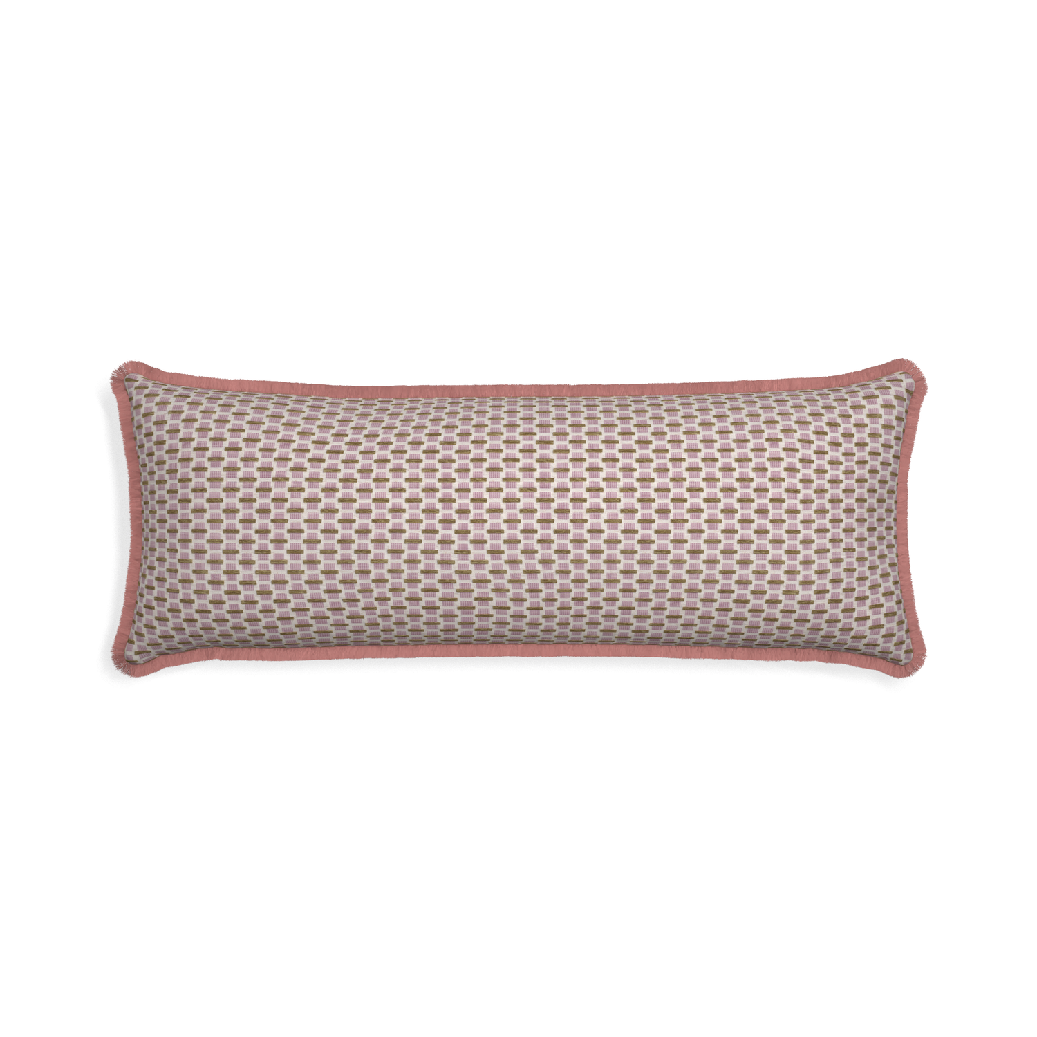 woven pink chenille jacquard lumbar pillow with pink fringe 
