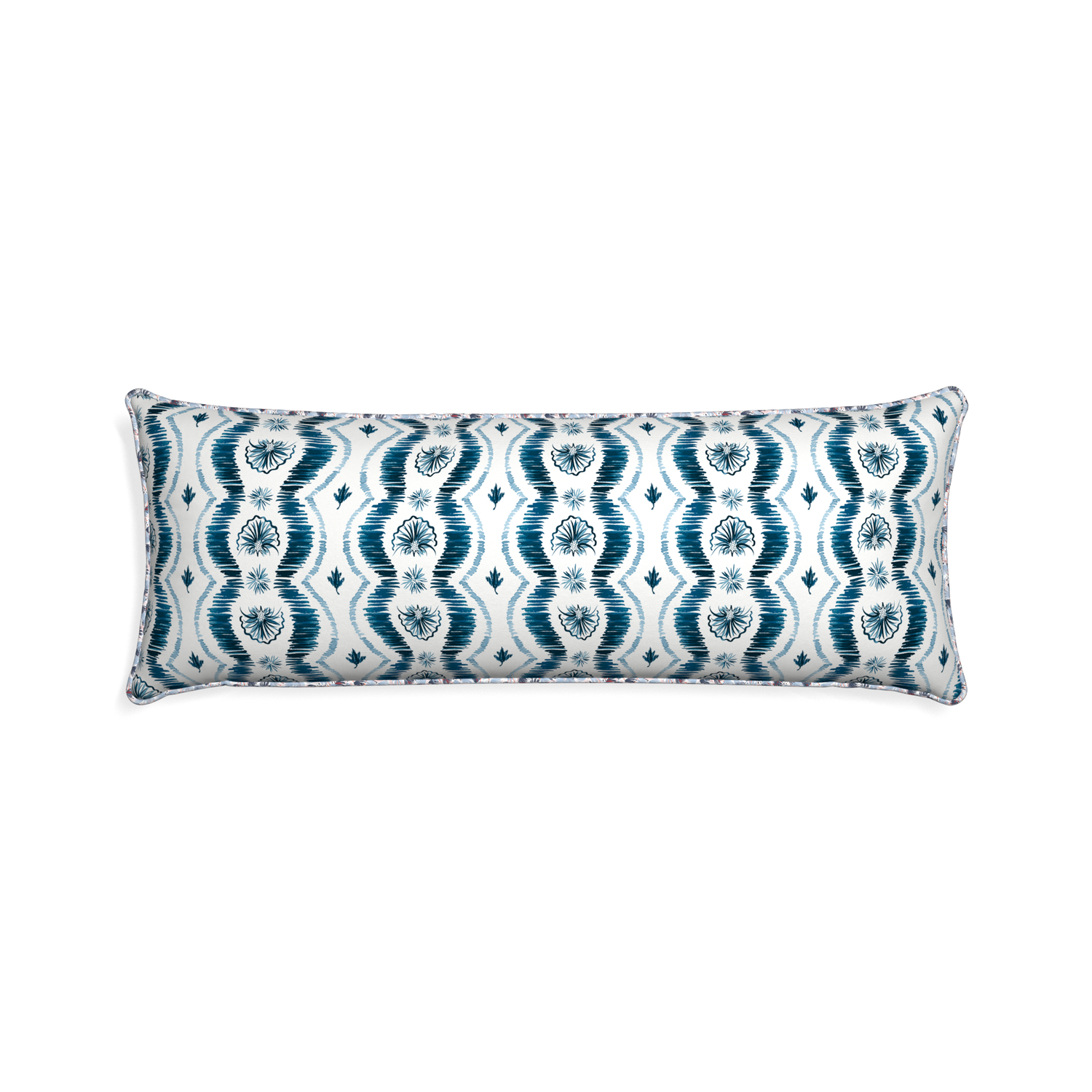 Xl-lumbar alice custom blue ikatpillow with e piping on white background
