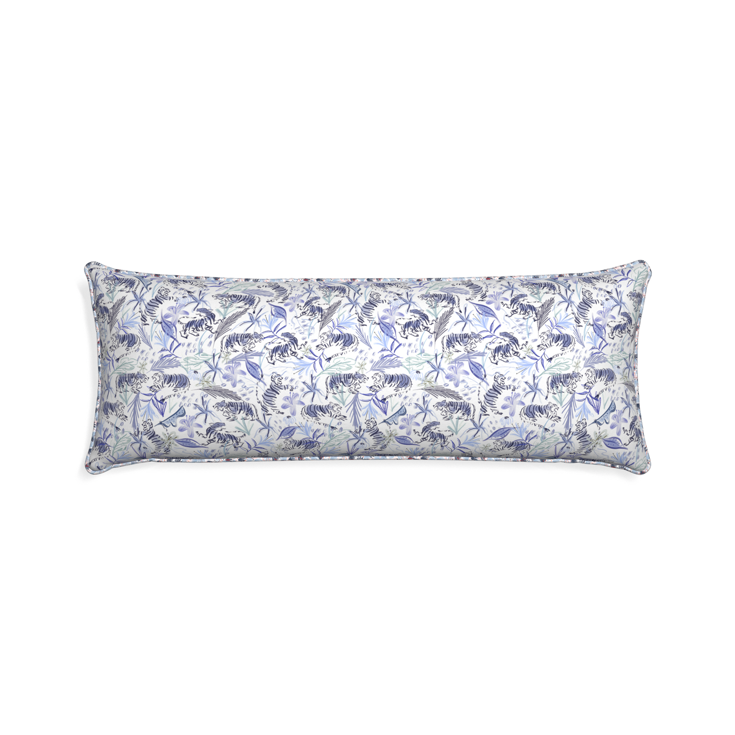 Xl-lumbar frida blue custom blue with intricate tiger designpillow with e piping on white background