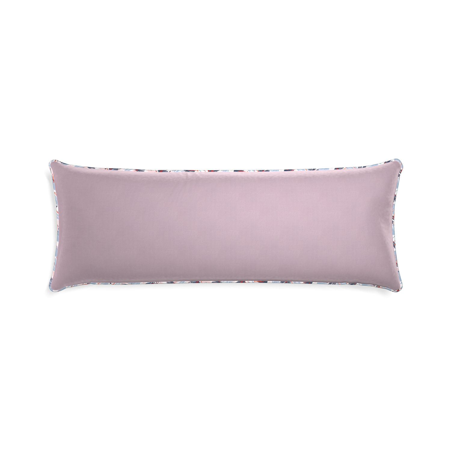 Xl-lumbar lilac velvet custom pillow with e piping on white background