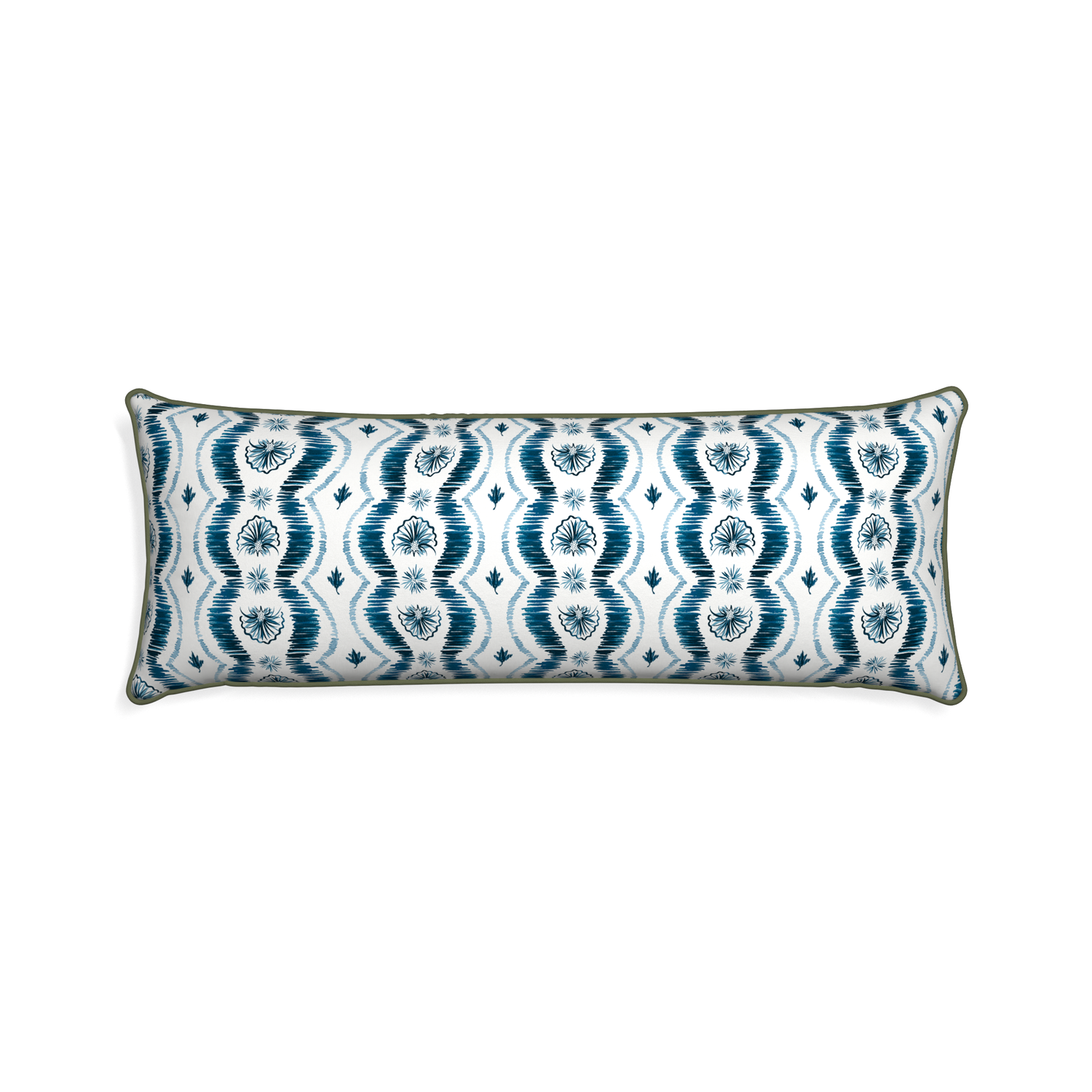 Xl-lumbar alice custom blue ikatpillow with f piping on white background