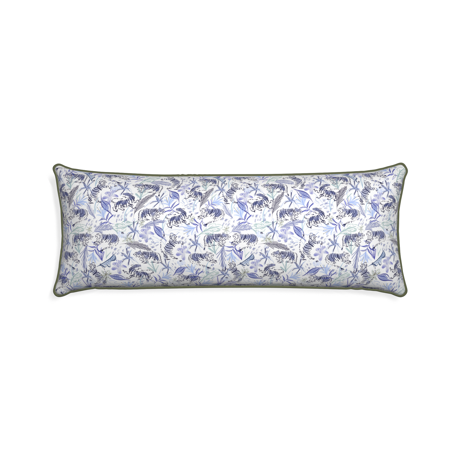 Xl-lumbar frida blue custom blue with intricate tiger designpillow with f piping on white background
