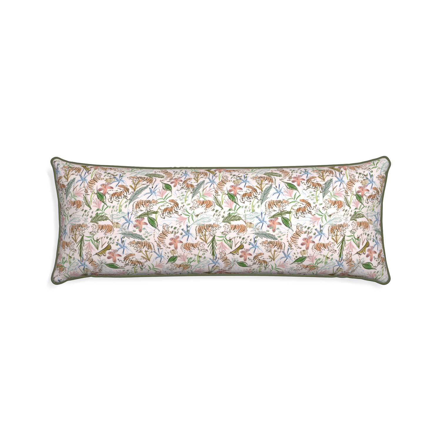 Xl-lumbar frida pink custom pink chinoiserie tigerpillow with f piping on white background