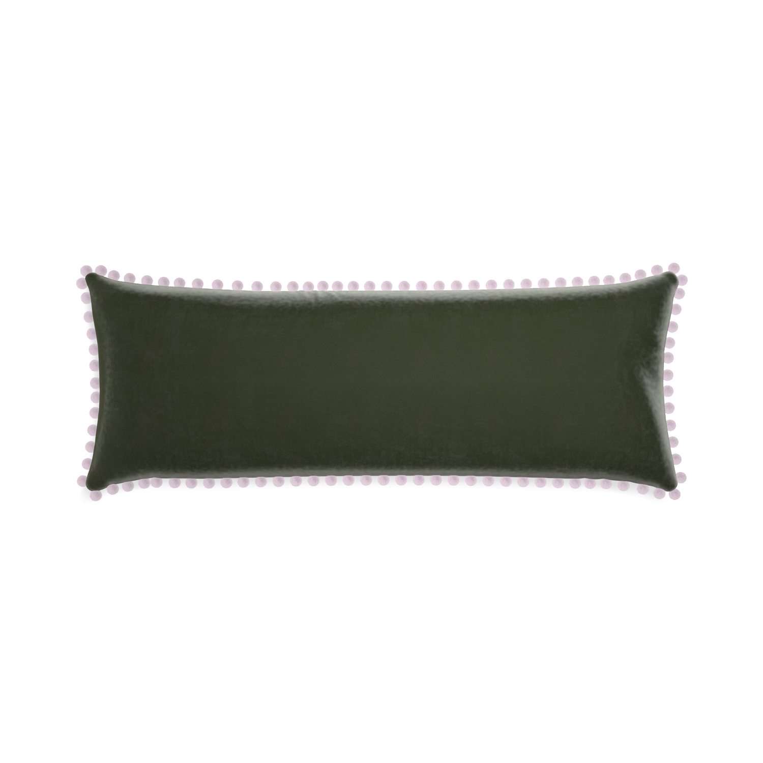 rectangle fern green velvet pillow with lilac pom poms
