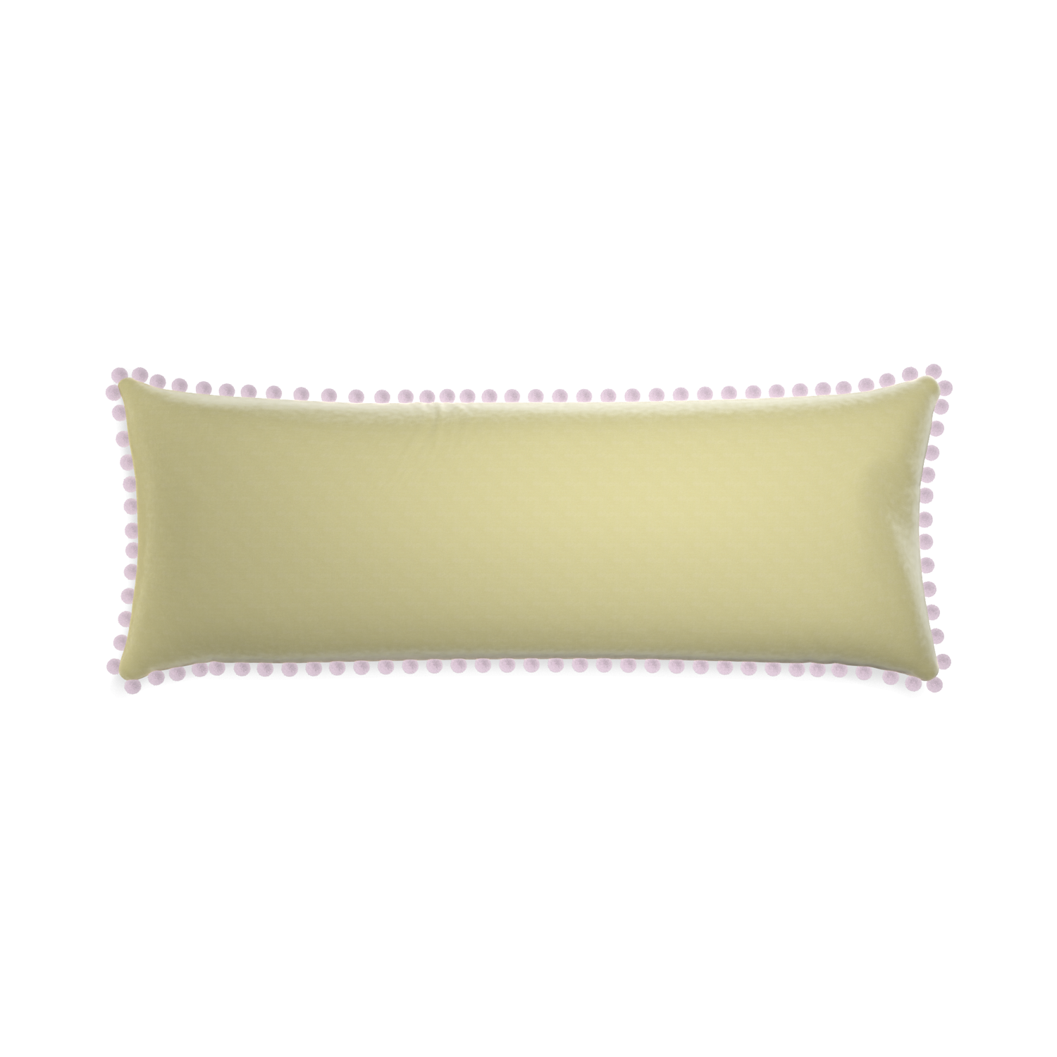 rectangle light green pillow with lilac pom poms