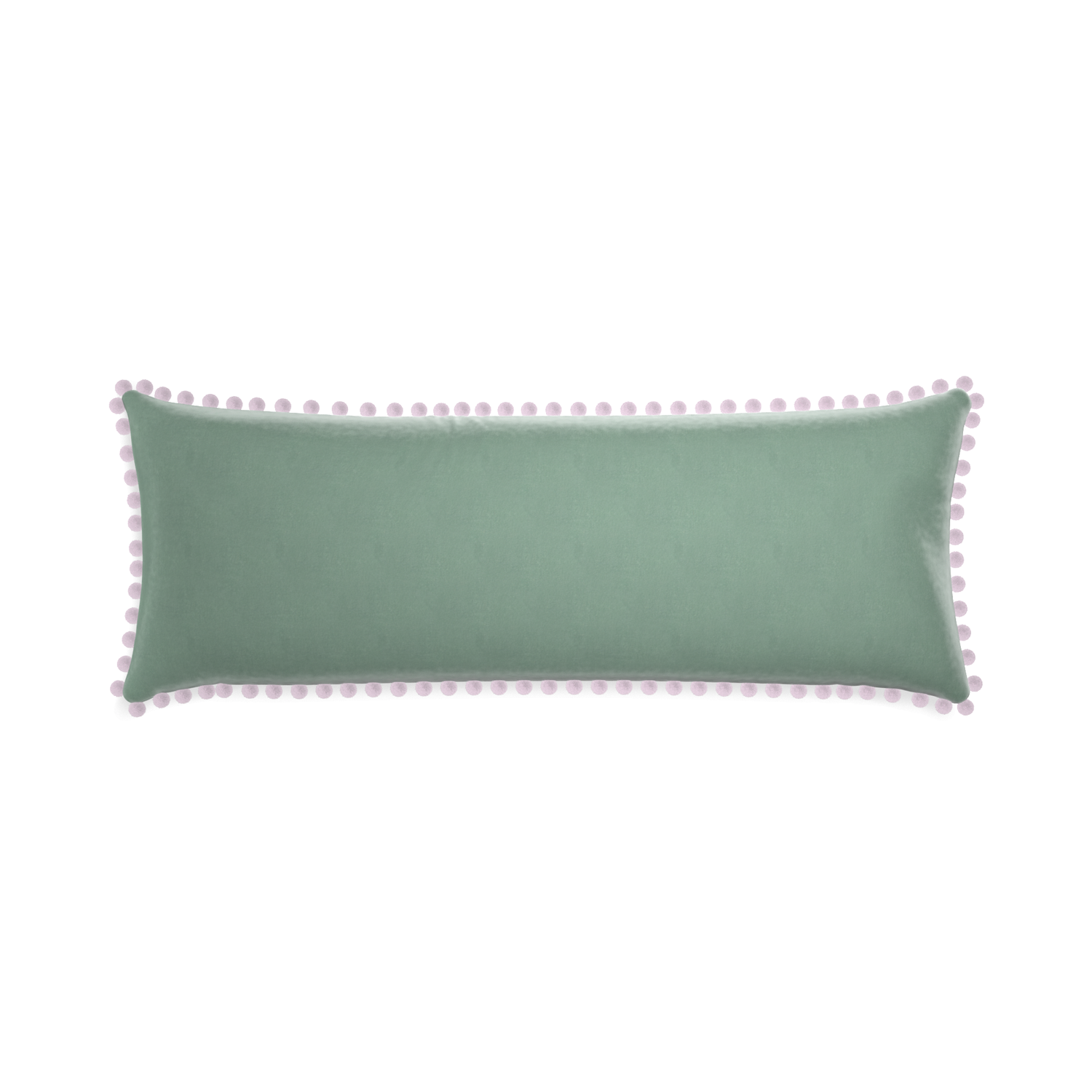 rectangle blue green velvet pillow with lilac pom poms