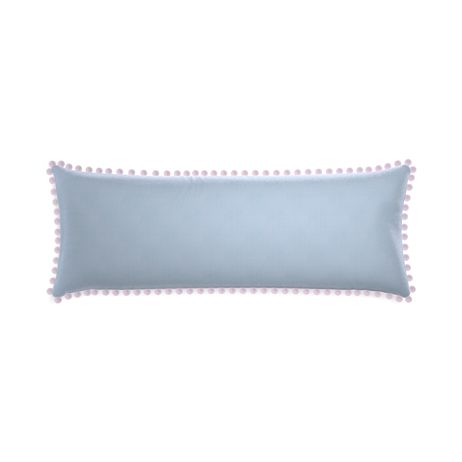 rectangle sky blue velvet pillow with lilac pom poms
