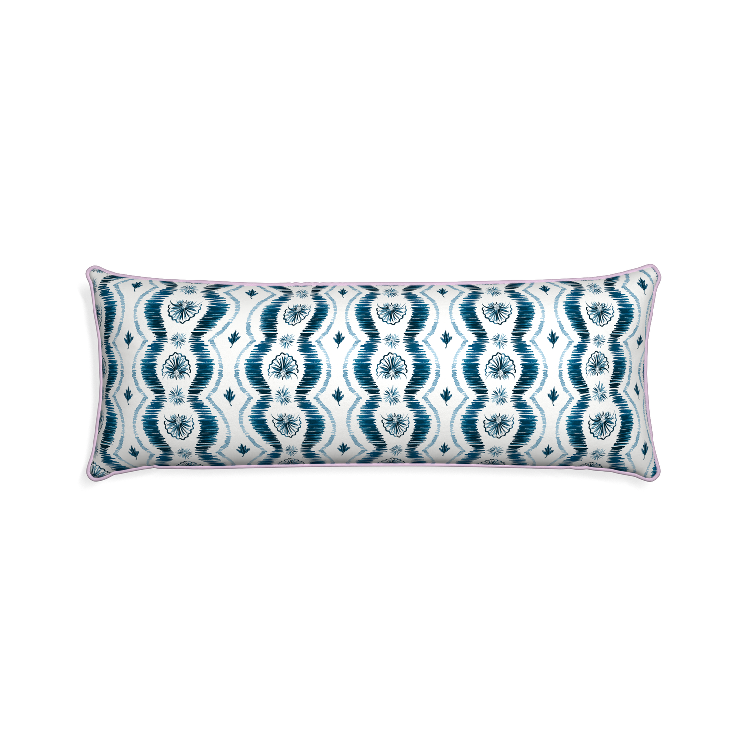 Xl-lumbar alice custom blue ikatpillow with l piping on white background
