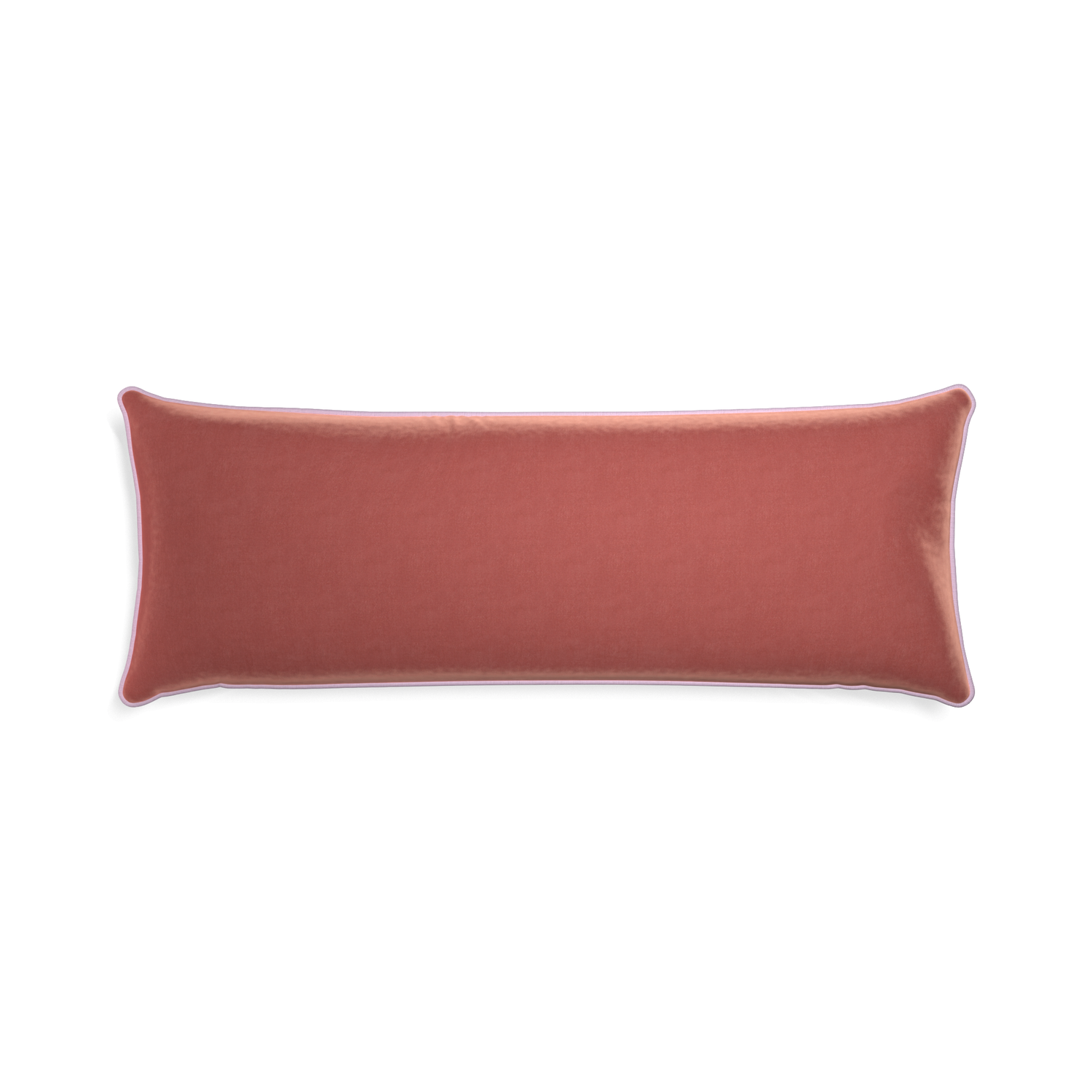 Xl-lumbar cosmo velvet custom coralpillow with l piping on white background