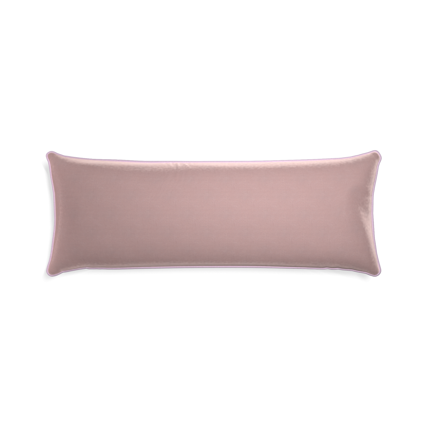 Xl-lumbar mauve velvet custom pillow with l piping on white background