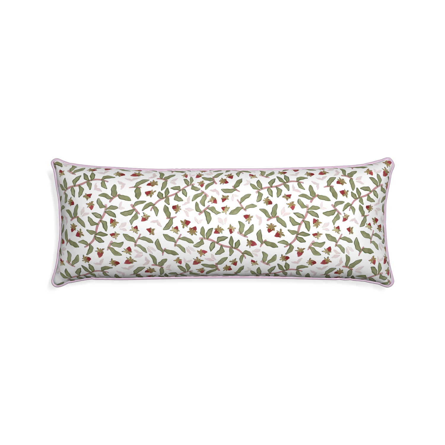 Xl-lumbar nellie custom strawberry & botanicalpillow with l piping on white background