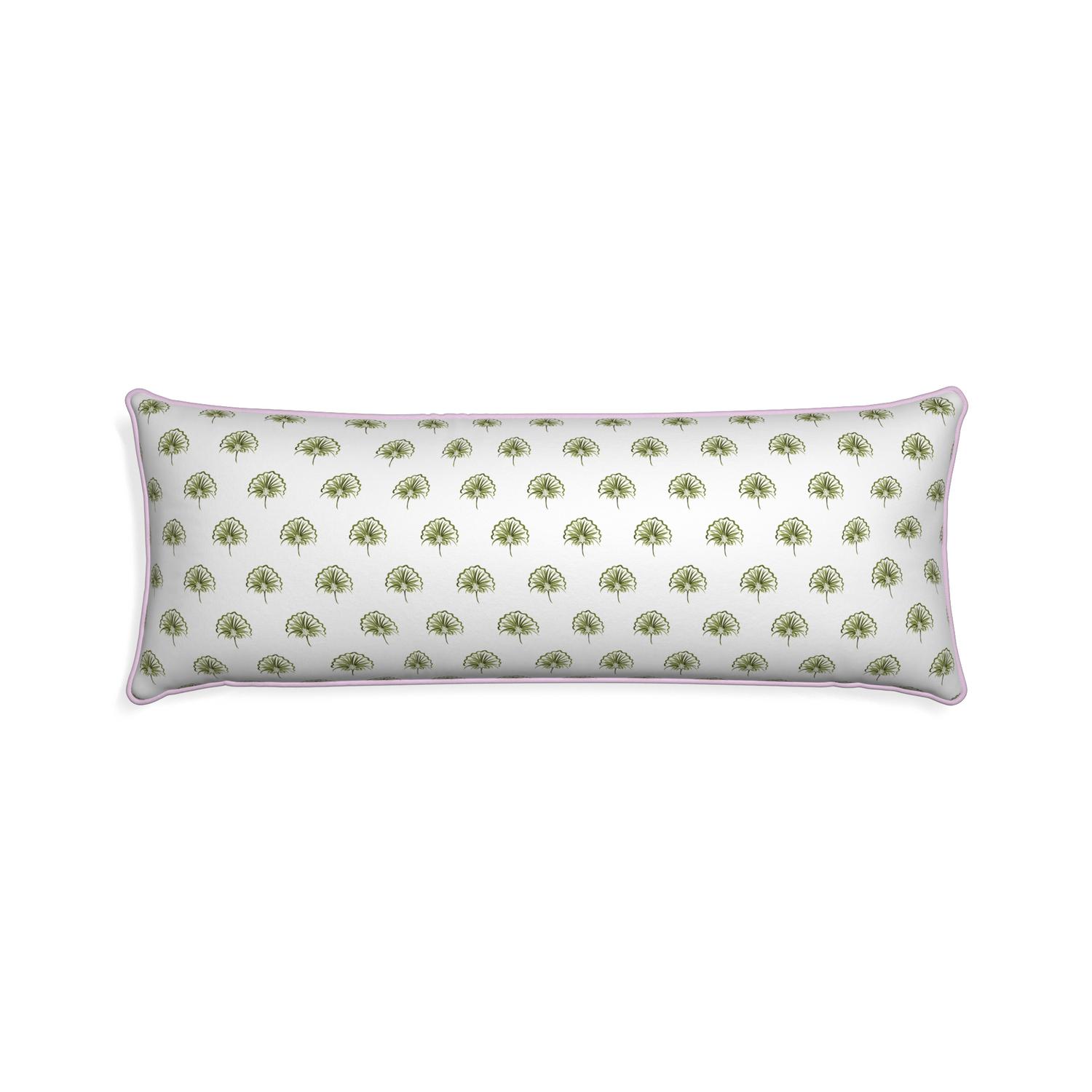 Xl-lumbar penelope moss custom green floralpillow with l piping on white background
