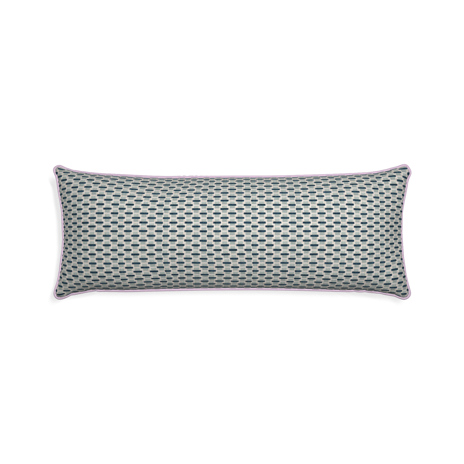 Xl-lumbar willow amalfi custom blue geometric chenillepillow with l piping on white background