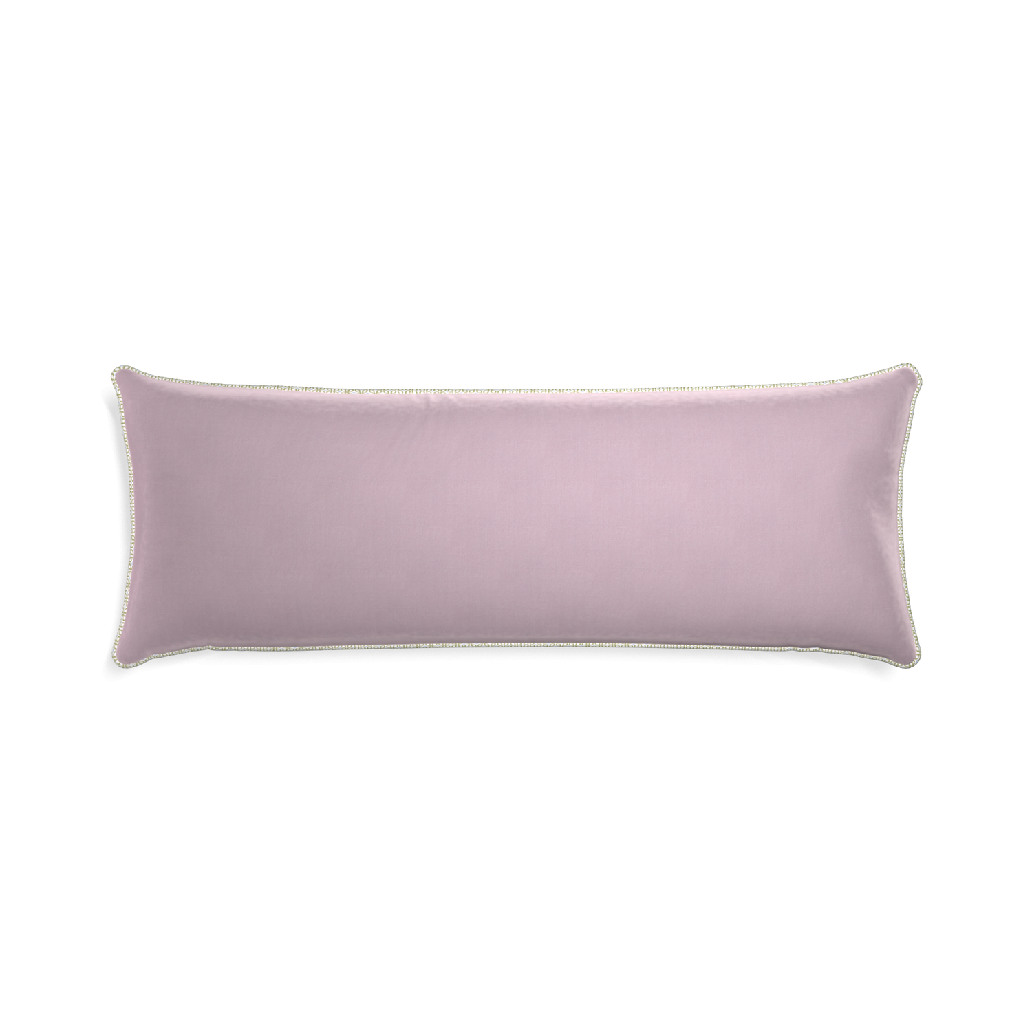 Xl-lumbar lilac velvet custom pillow with l piping on white background