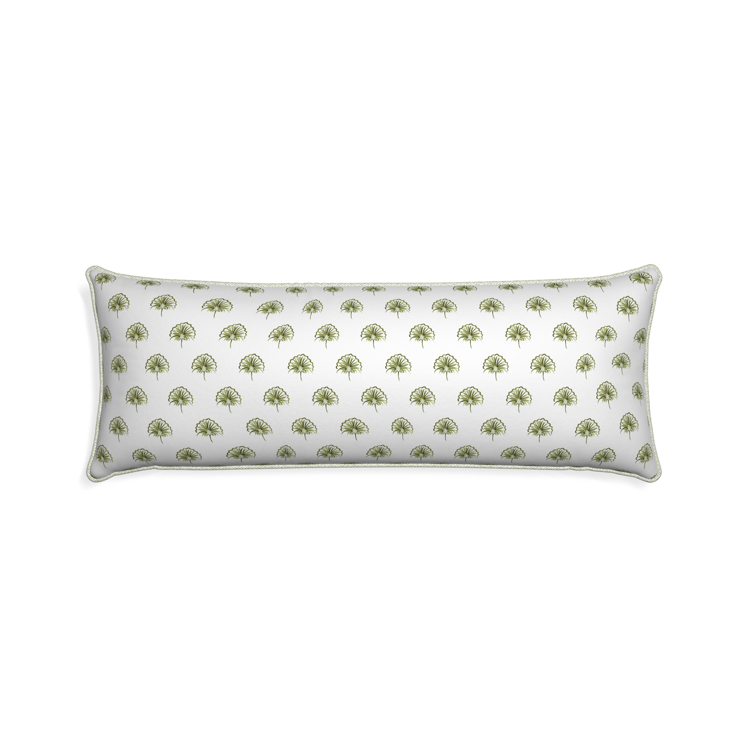 Xl-lumbar penelope moss custom green floralpillow with l piping on white background