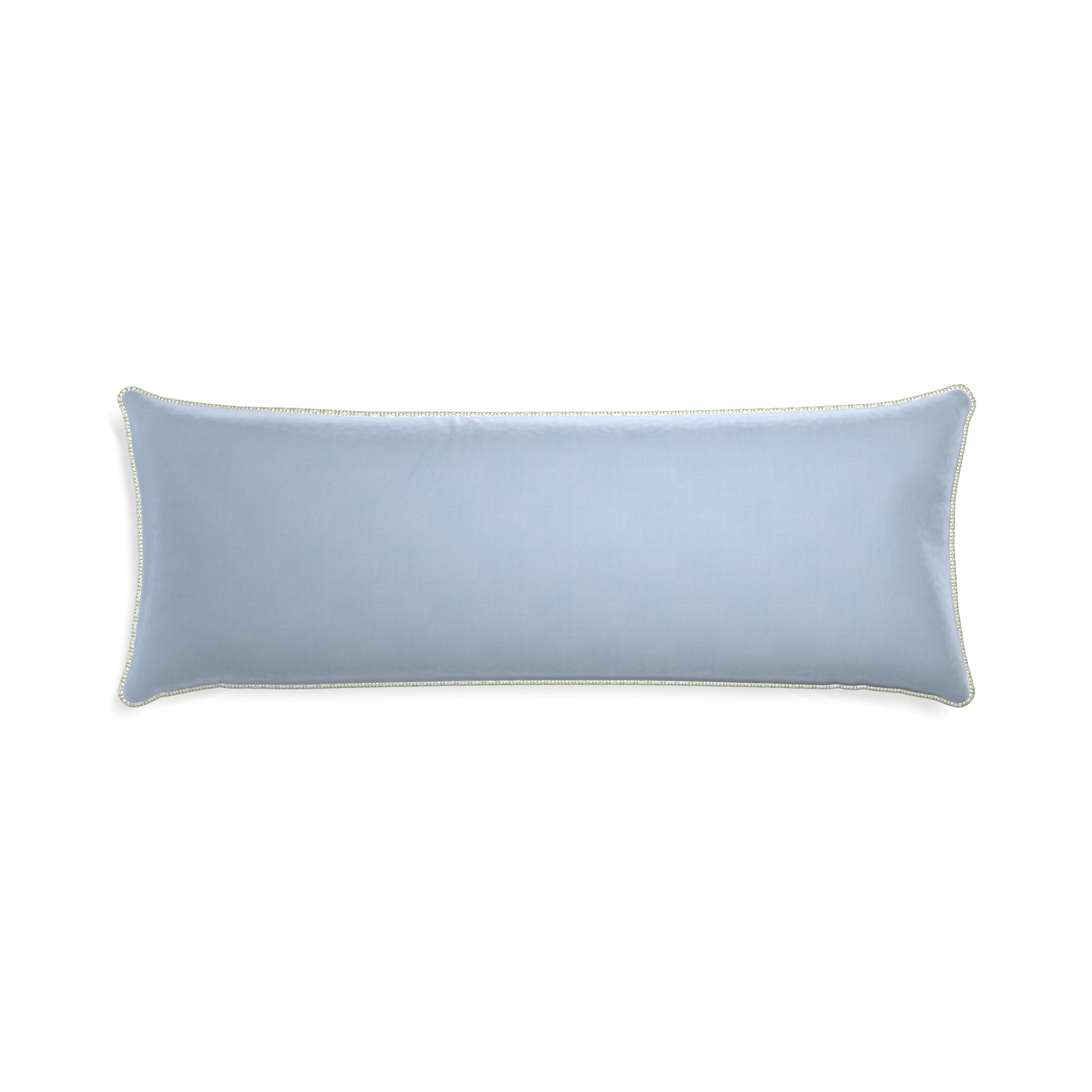 rectangle light blue velvet pillow with moss green geometric piping