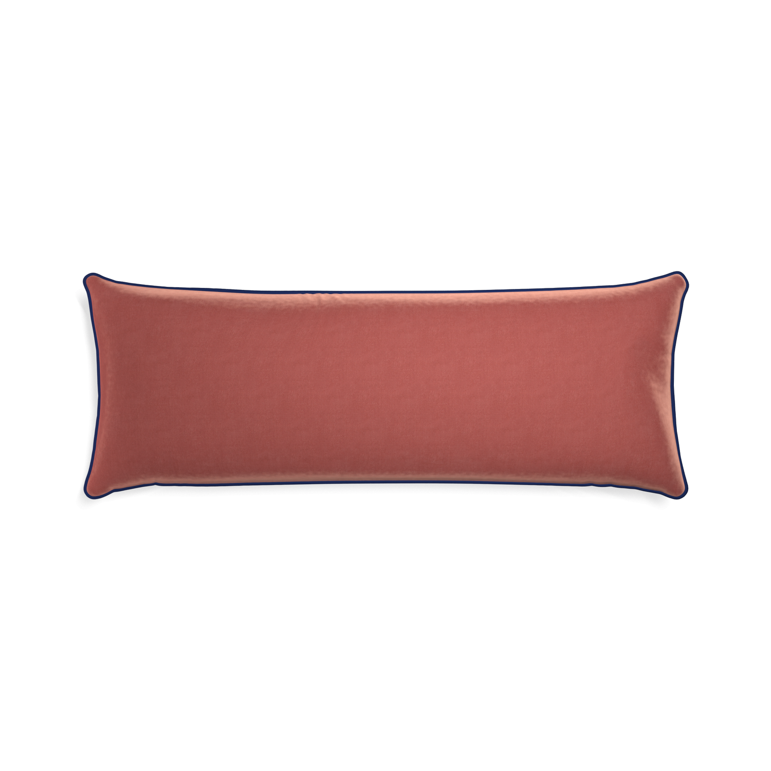 rectangle coral velvet pillow with navy blue piping