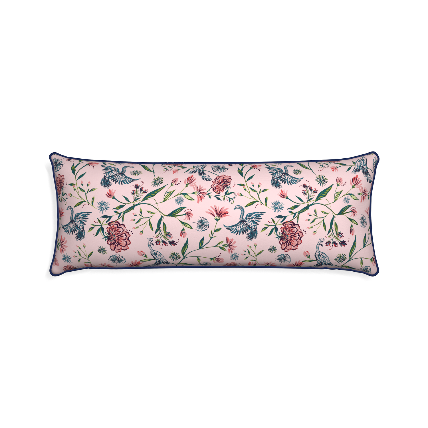 Xl-lumbar daphne rose custom pillow with midnight piping on white background