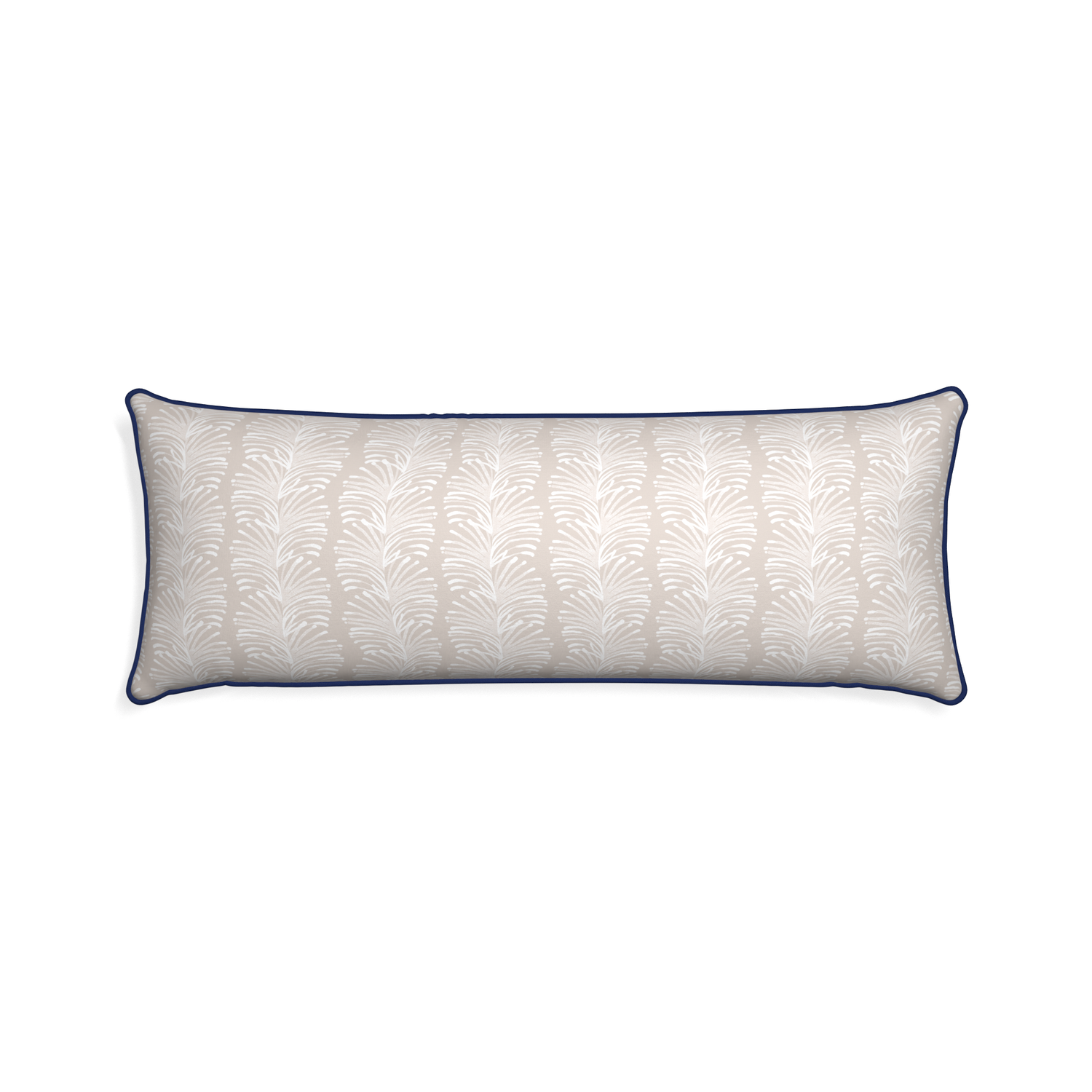 Xl-lumbar emma sand custom pillow with midnight piping on white background