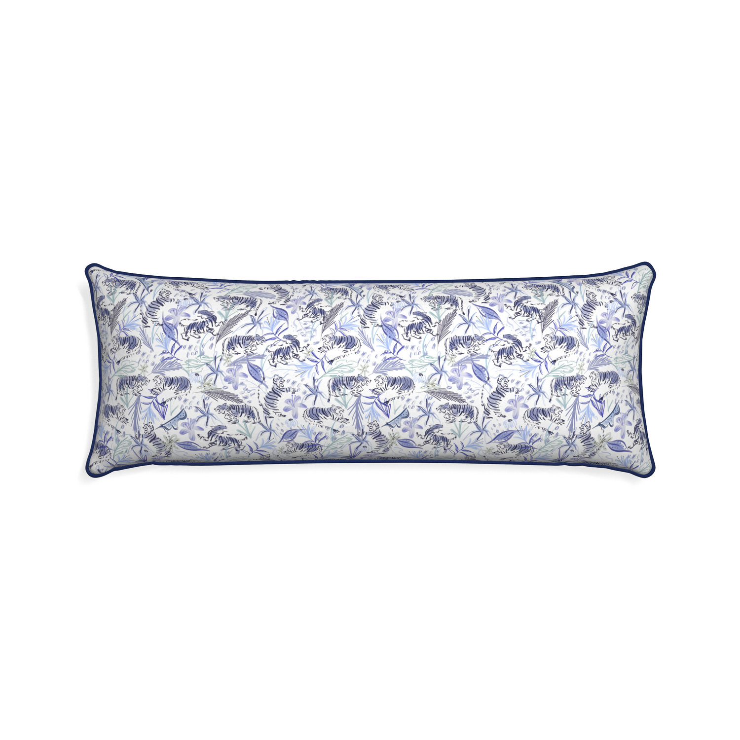Xl-lumbar frida blue custom blue with intricate tiger designpillow with midnight piping on white background