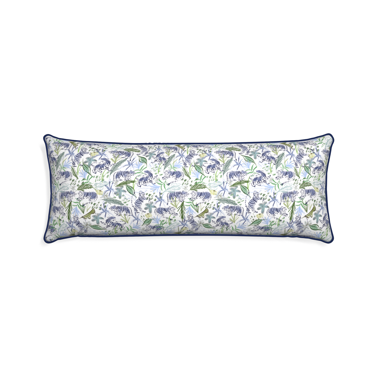 Xl-lumbar frida green custom green tigerpillow with midnight piping on white background