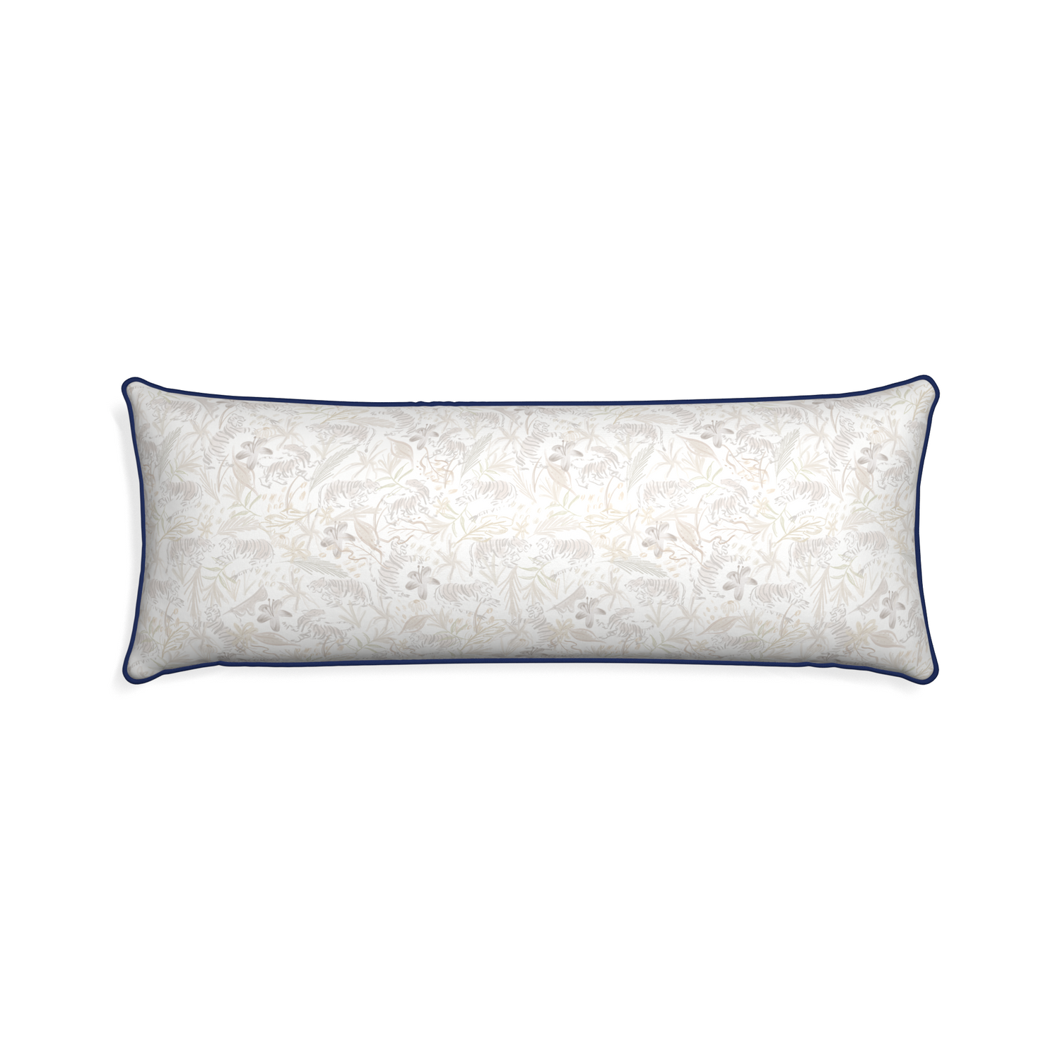 Xl-lumbar frida sand custom beige chinoiserie tigerpillow with midnight piping on white background