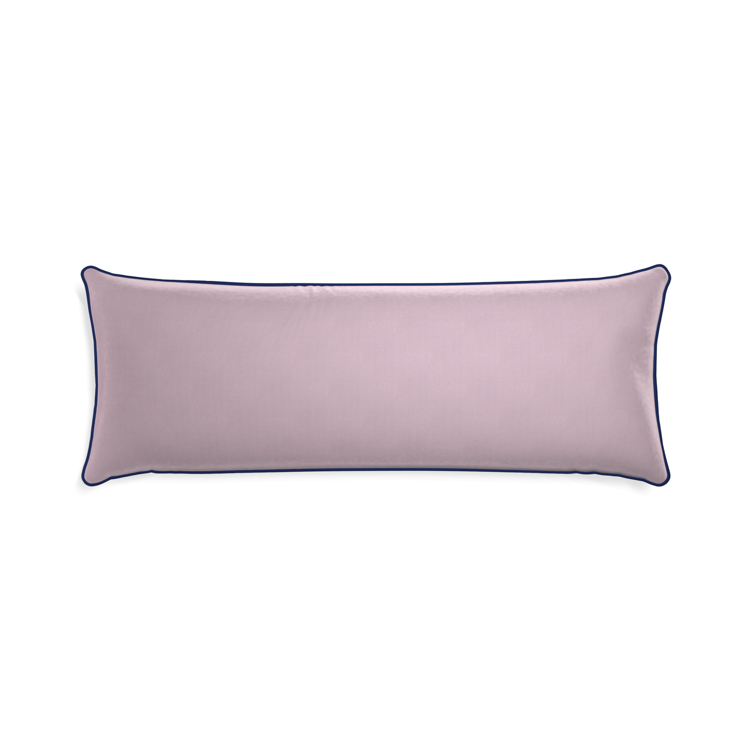 Xl-lumbar lilac velvet custom pillow with midnight piping on white background