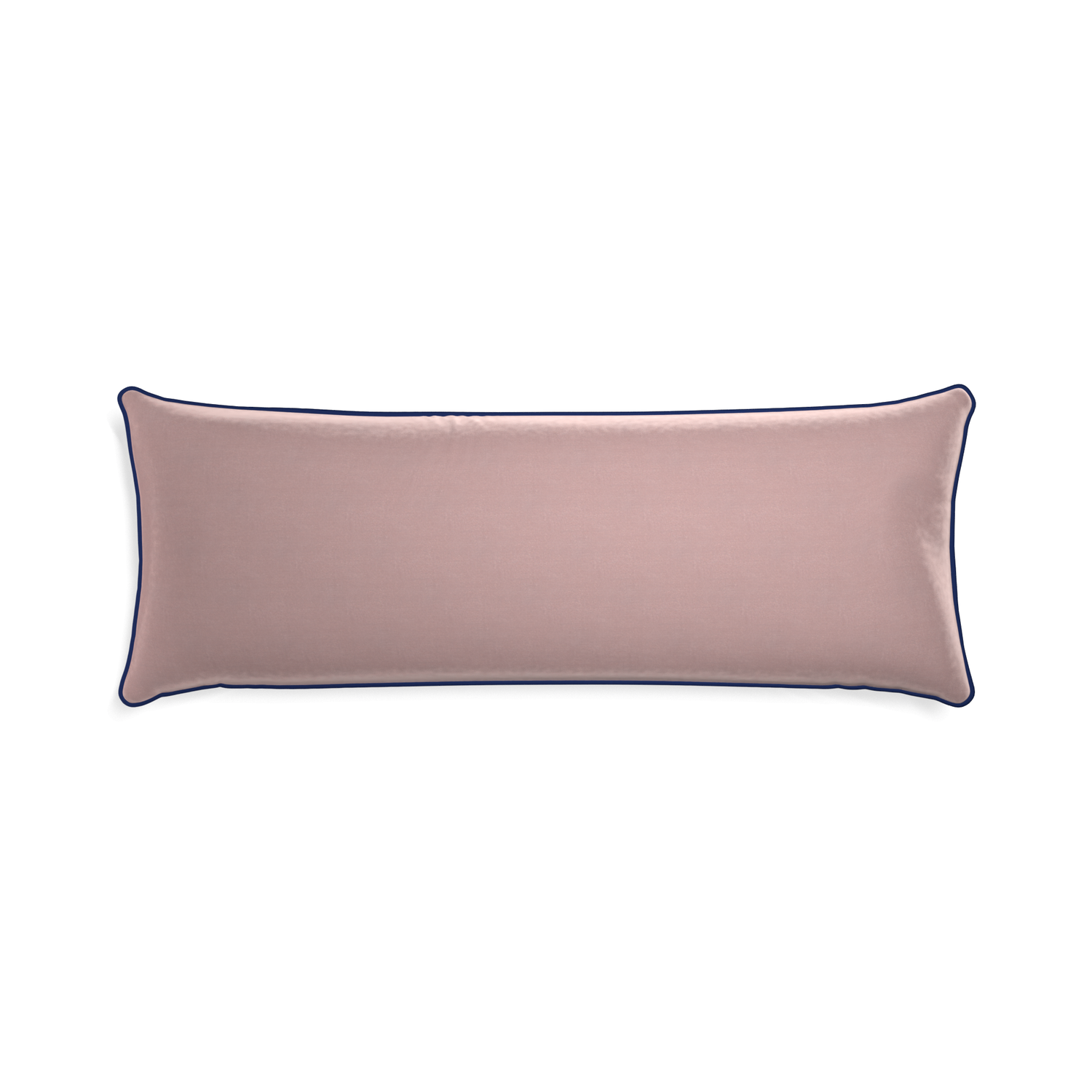 Xl-lumbar mauve velvet custom pillow with midnight piping on white background