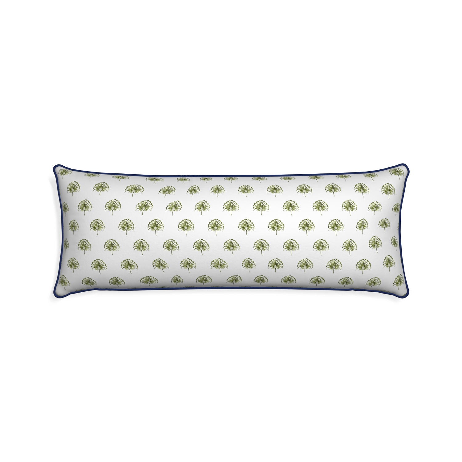 Xl-lumbar penelope moss custom green floralpillow with midnight piping on white background
