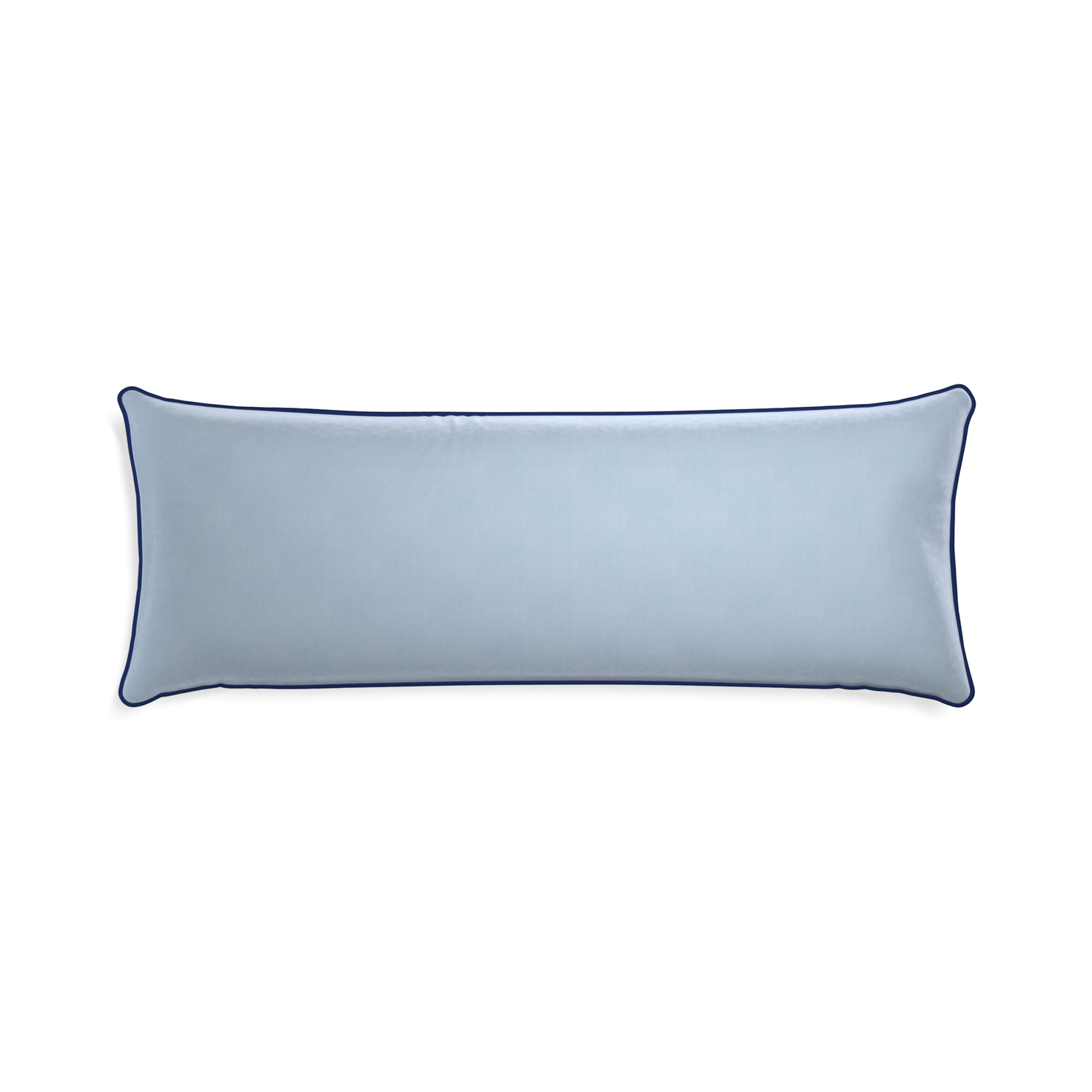 rectangle light blue velvet pillow with navy blue piping