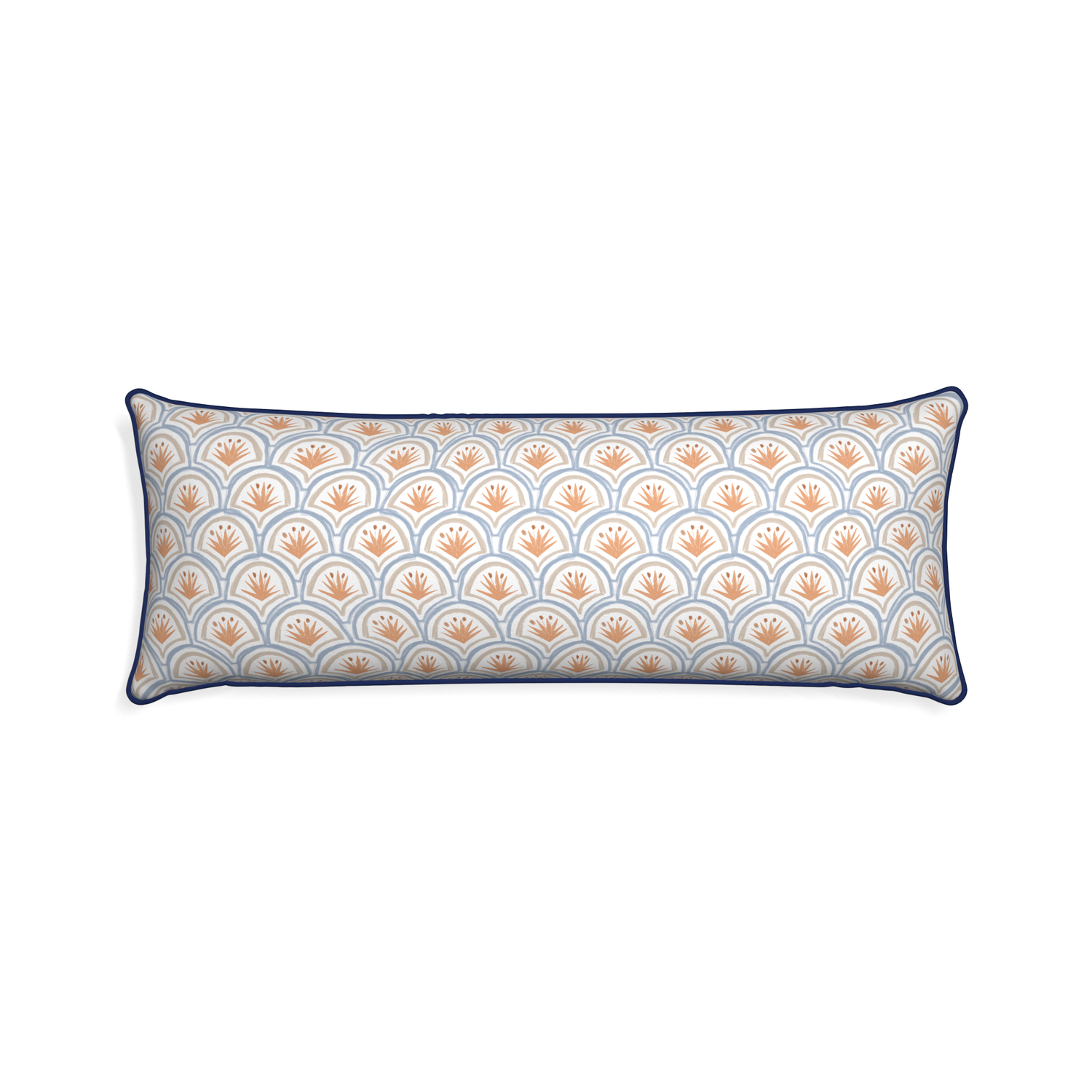 Xl-lumbar thatcher apricot custom pillow with midnight piping on white background