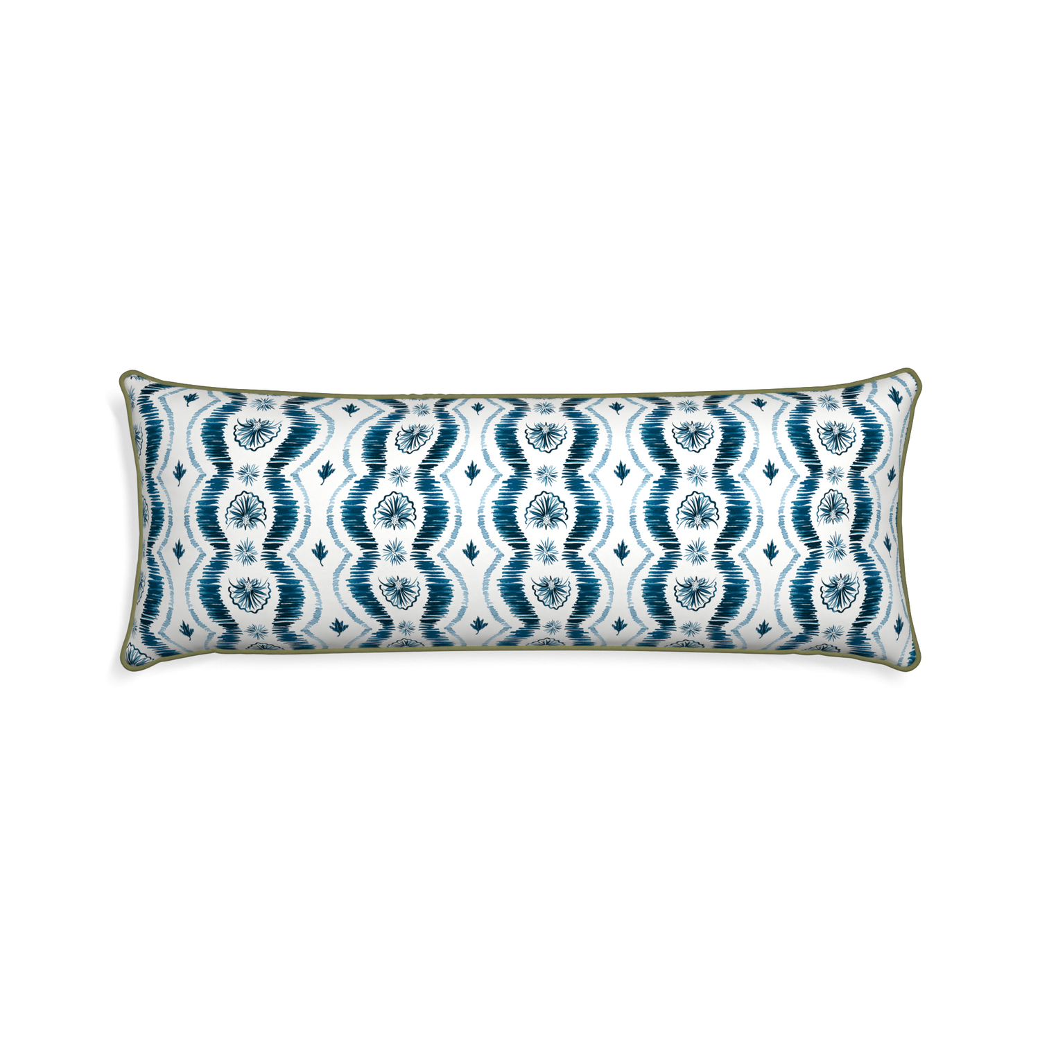 Xl-lumbar alice custom blue ikatpillow with moss piping on white background