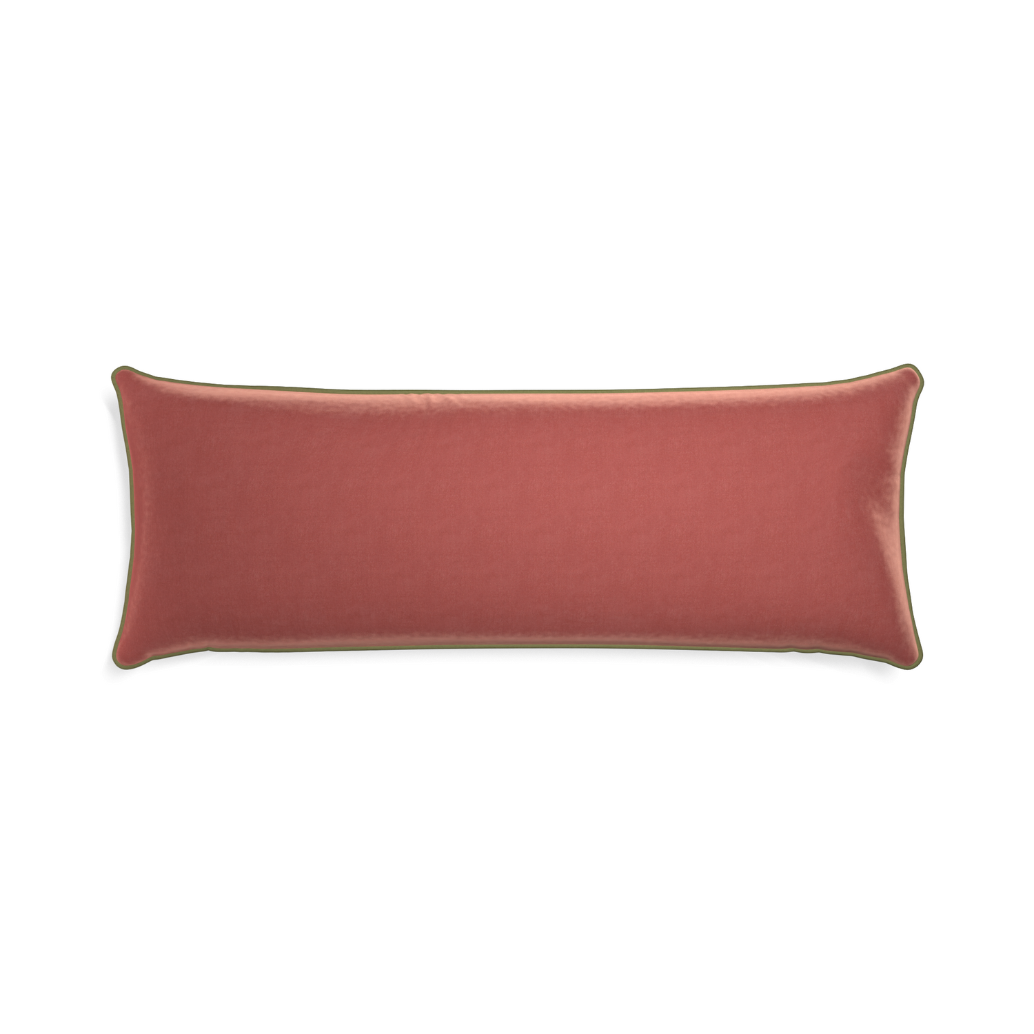 Xl-lumbar cosmo velvet custom coralpillow with moss piping on white background