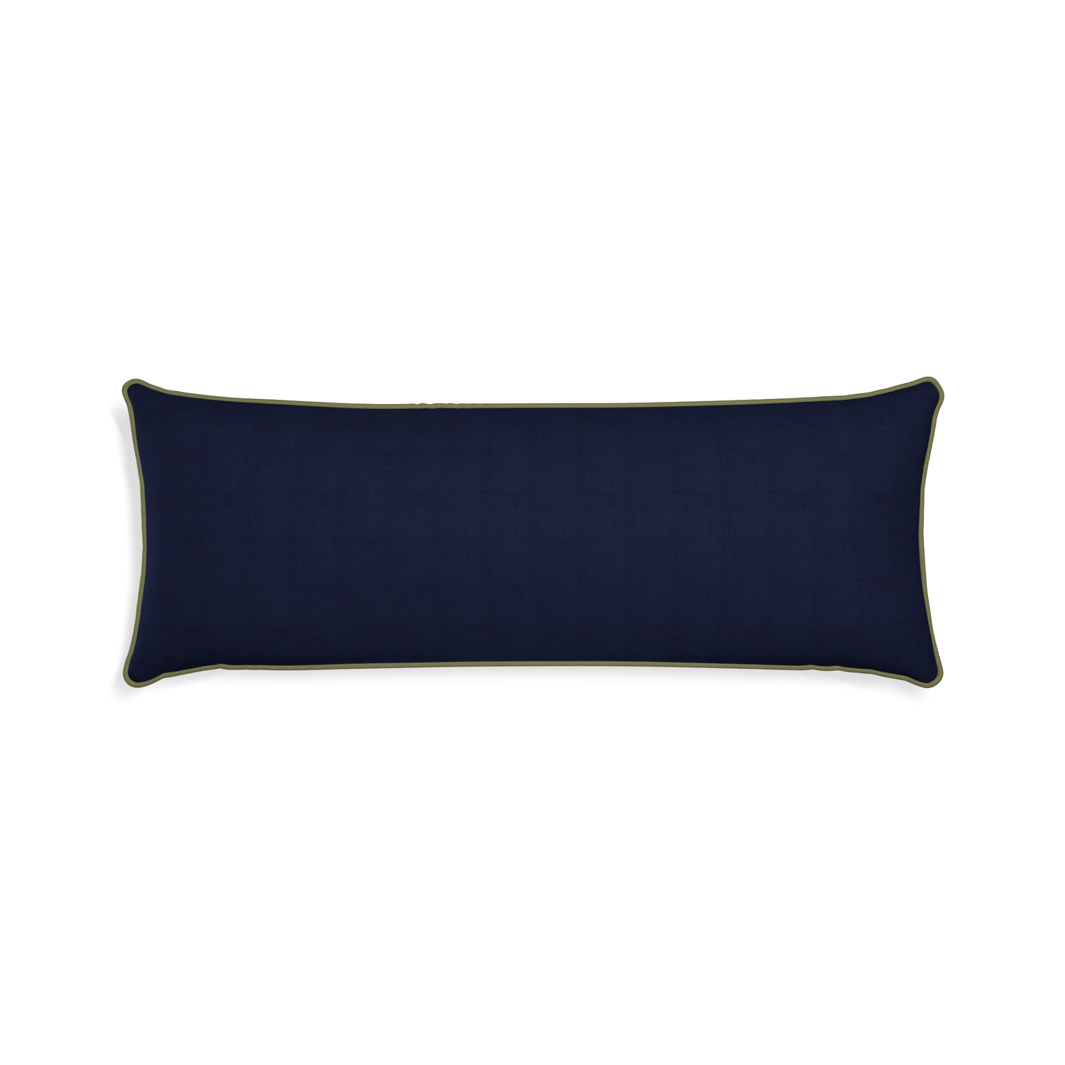 rectangle navy blue pillow with moss green piping 