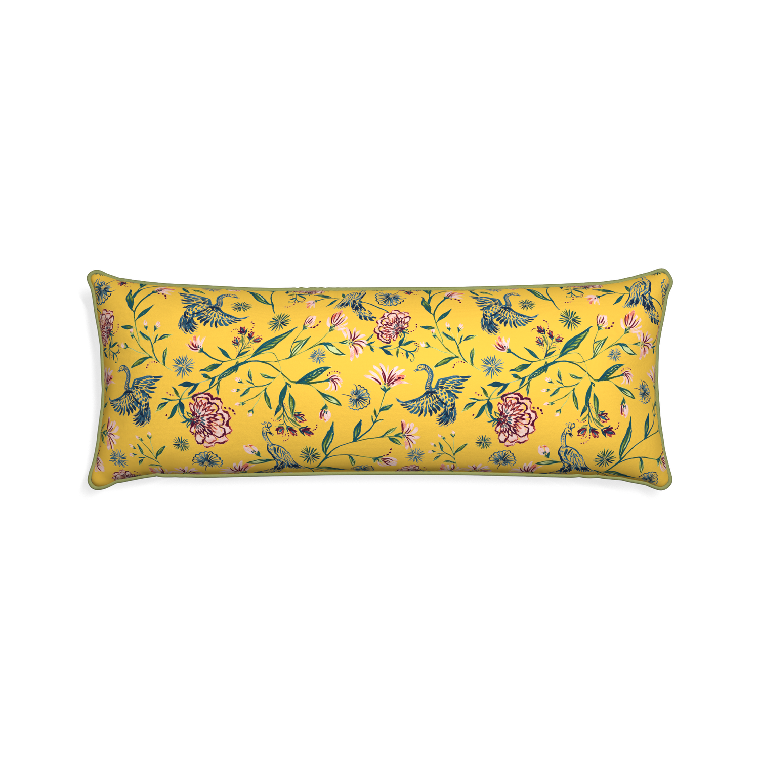 Xl-lumbar daphne canary custom pillow with moss piping on white background