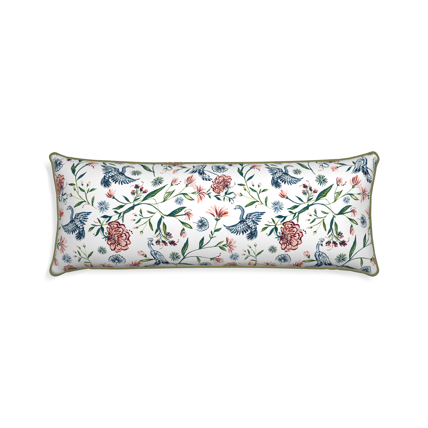 Xl-lumbar daphne cream custom pillow with moss piping on white background