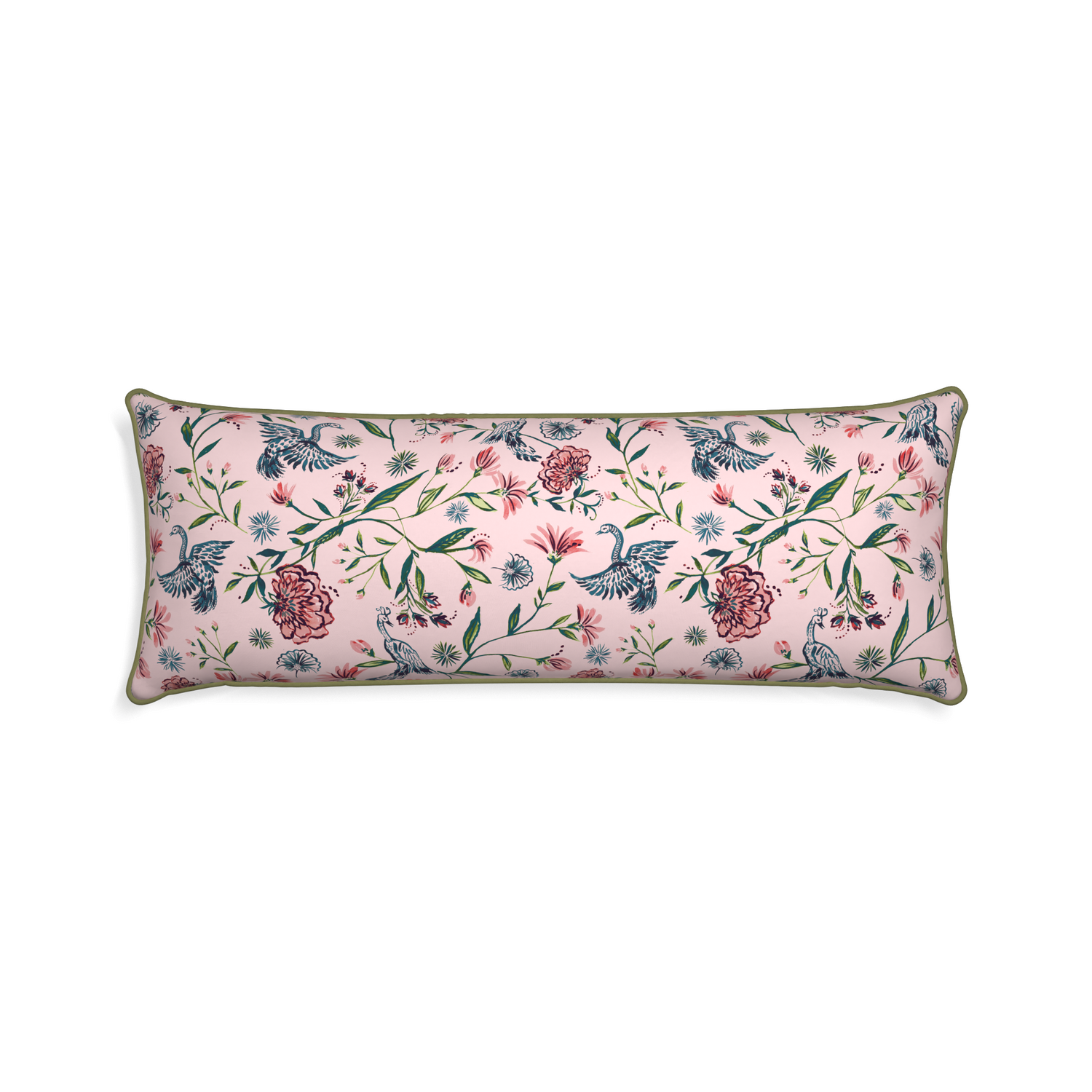 rectangle pink chinoiserie pillow with moss green piping