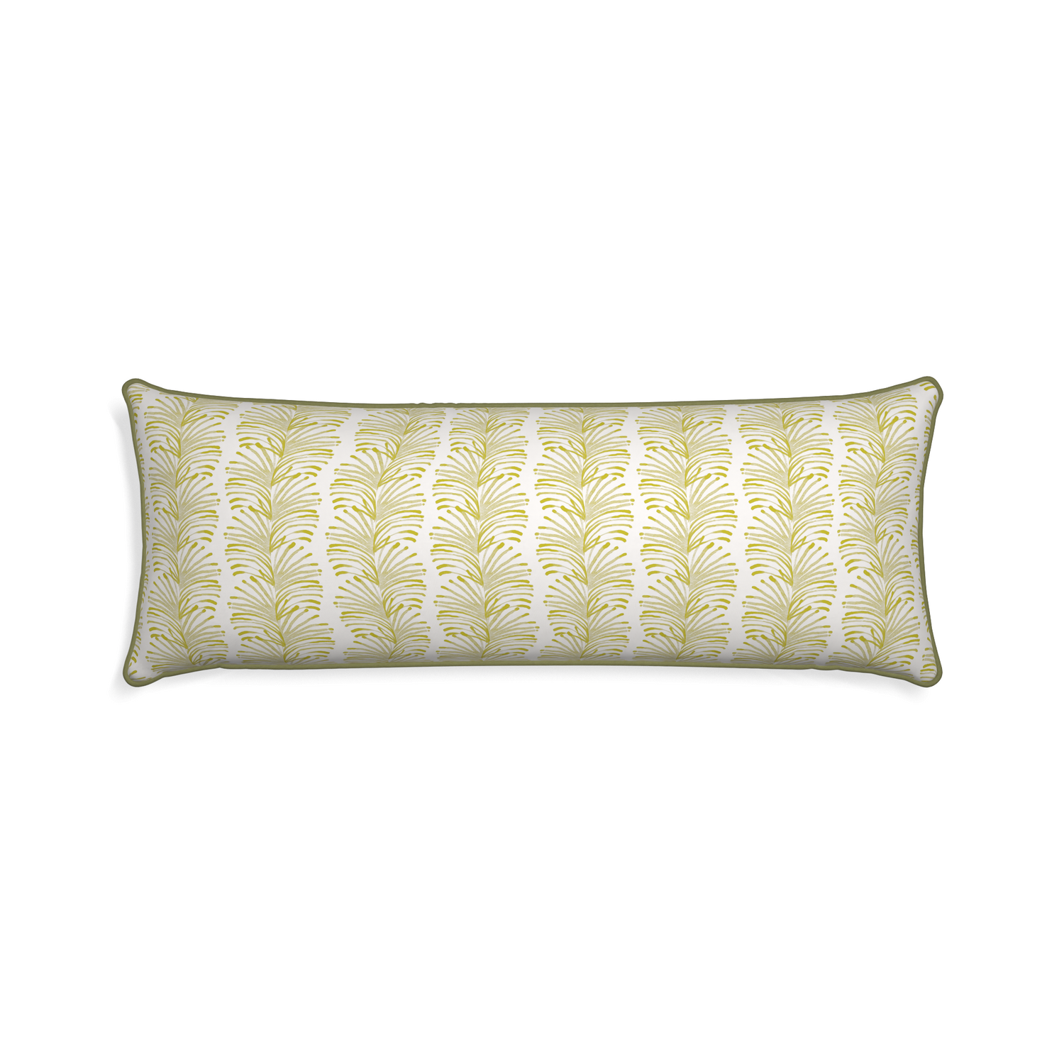 Xl-lumbar emma chartreuse custom pillow with moss piping on white background