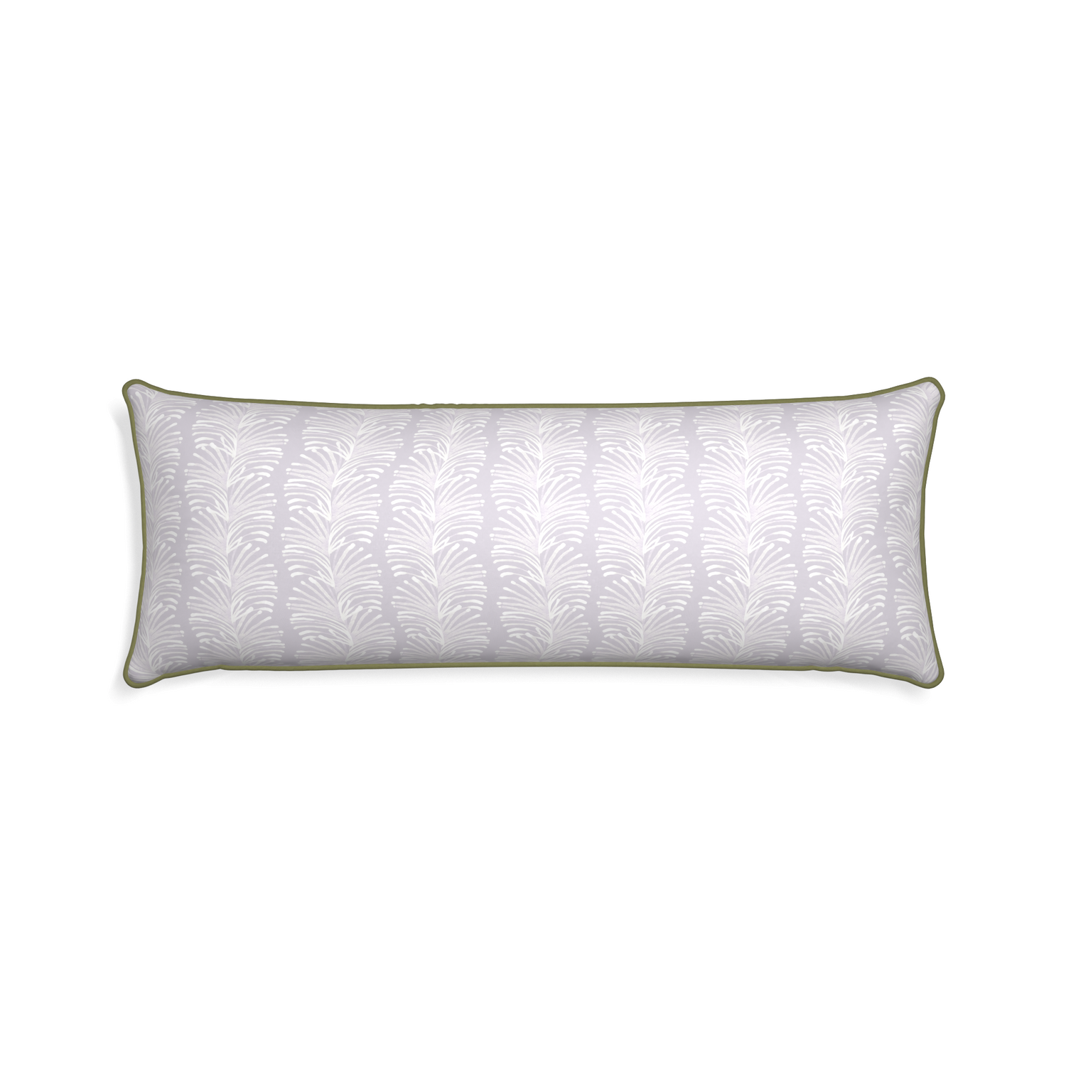 rectangle lavender colored botanical stripe pillow with moss green piping
