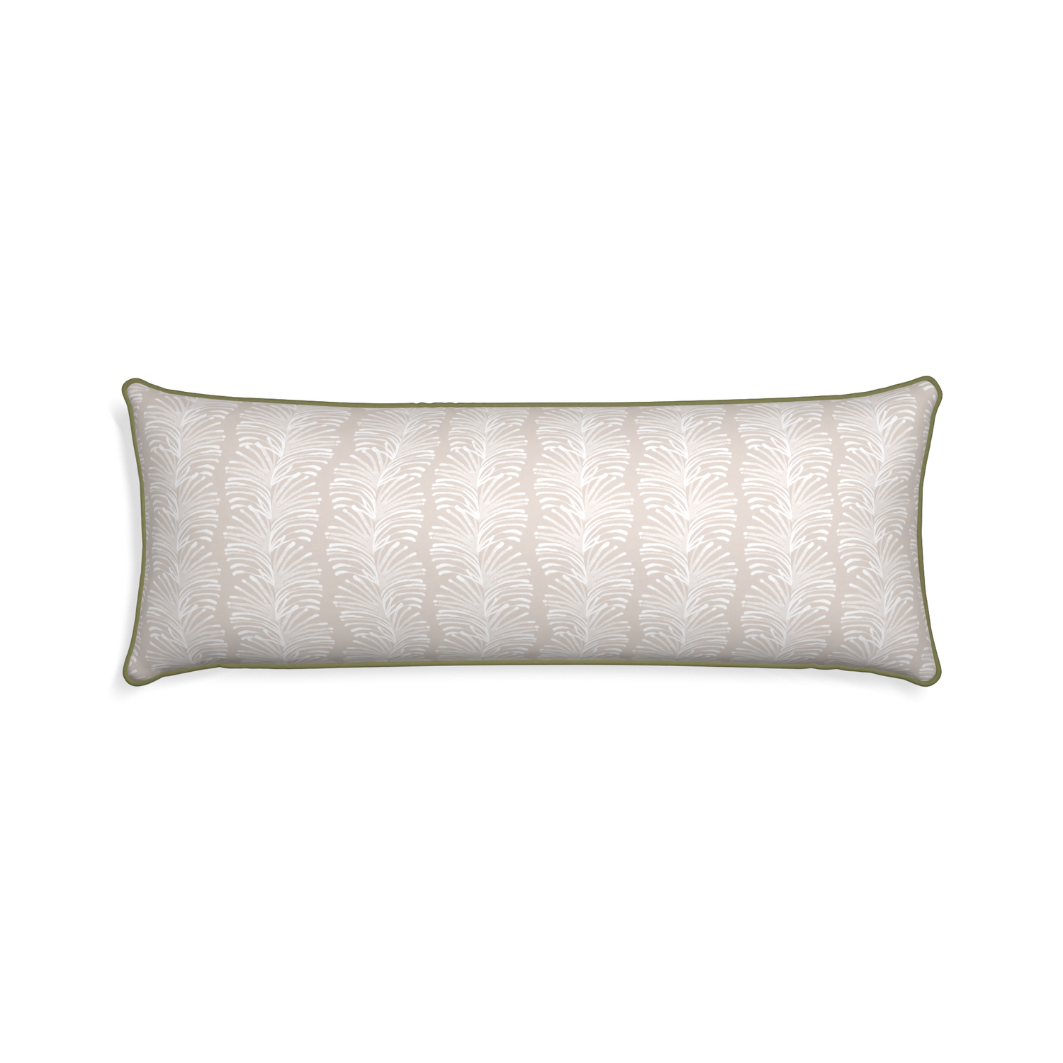 rectangle sand colored botanical stripe pillow with moss green piping